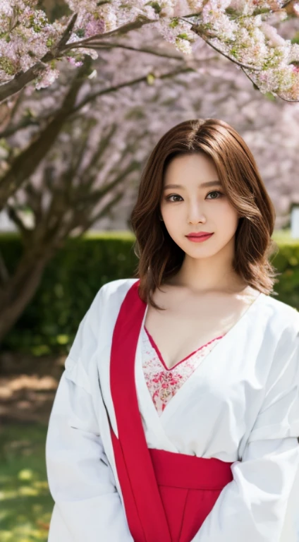 Cherry tree、Colorful kimono、open chest、I'm not wearing anything inside、full body shot、NiziUAYAKA、 4K、1people's women、slender、 Loose wavy styling 、seductive and attractive、Including face and skin texture.,detailed eyes、A soothing expression with a smile
