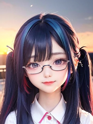 background is sky、small face、 (alone:1.5,)Super detailed,bright colors, very beautiful detailed anime face and eyes, look straight, shiny_skin,girl, (((rainbow colored hair, colorful hair, Half blue、half red hair: 1.2))), 、shiny hair, delicate beautiful face, blush、Glasses、(turquoise eyes), , Valletta, earrings,、flower garden、sunset、(((Translucent shirt)))、(twin tails)、(smile、happy face、face dyed red)、cheerful pose、dynamic、Upper body