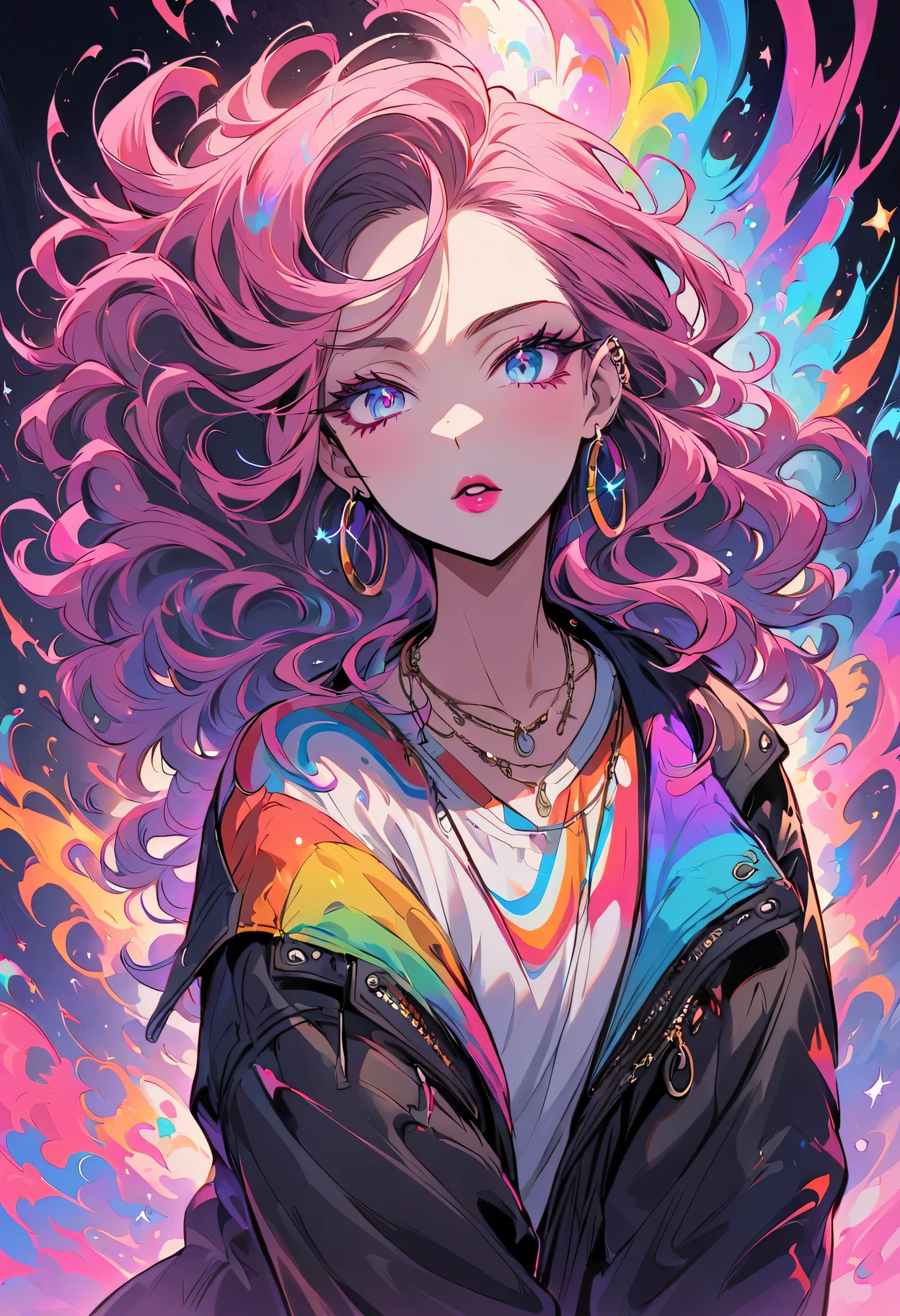 Upper body standing painting, Rainbow style, 1 sister, alone, long gray hair, looking at the audience, blue eyes background, White background, jewelry, Jacket, pink hair, ear nipple ring, pink eyes, necklace, sweater, careful, eyelash, cosmetics, curls, punching, lipstick, piercing ears, eye shadow, hoop earrings, red pink lips, Color eyes, pink theme, pink eye shadow,