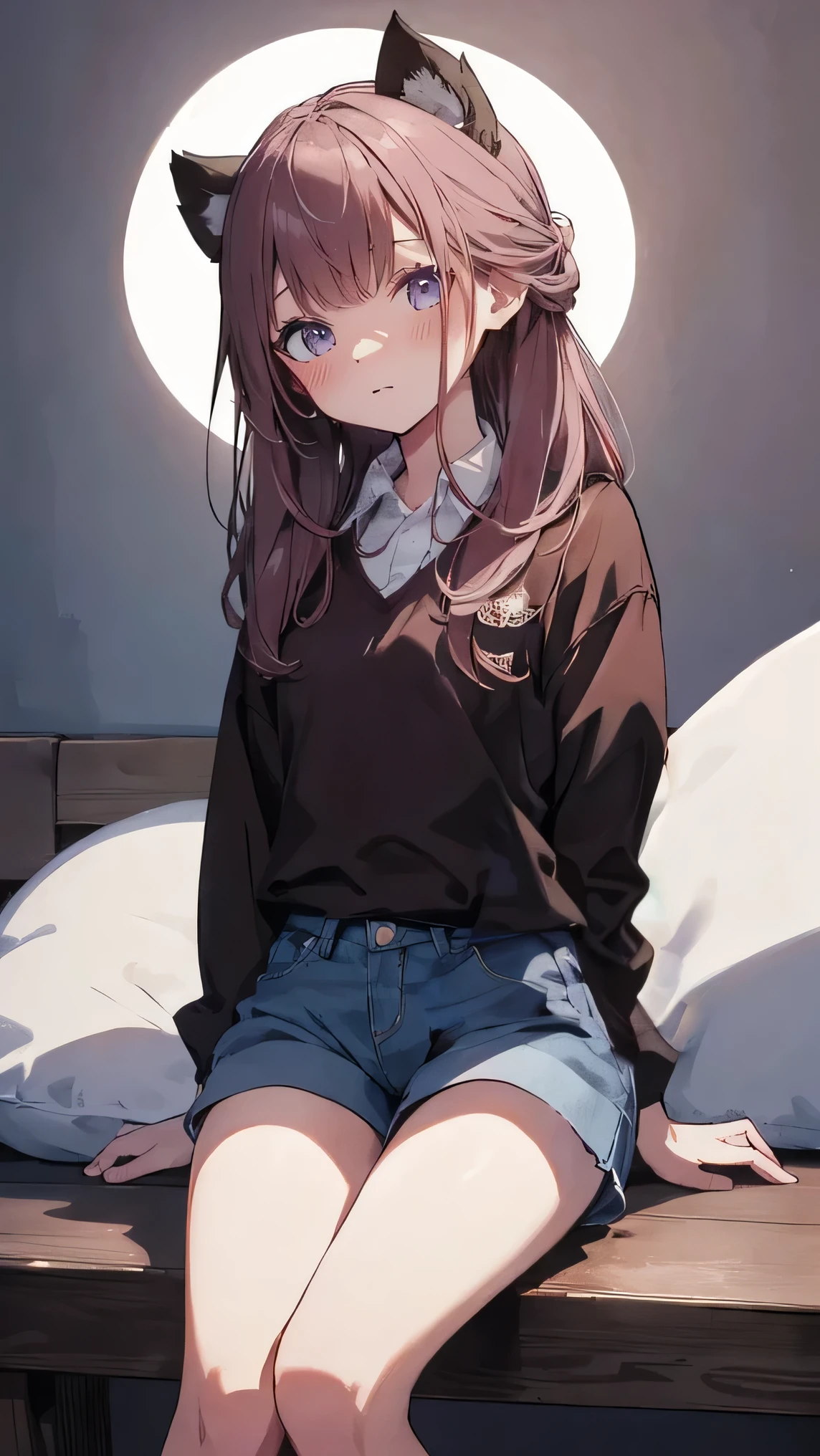 master piece、Highest image quality、highest quality、 ((panic))、glossy hair quality、small face、sitting、Super detailed and beautiful bright eyes、Super detailed clear and beautiful face、(cute illustration:1.2), High-resolution, ultra-detailed, best quality, embarrassed、(cute underwear)、(Gaps in shorts)