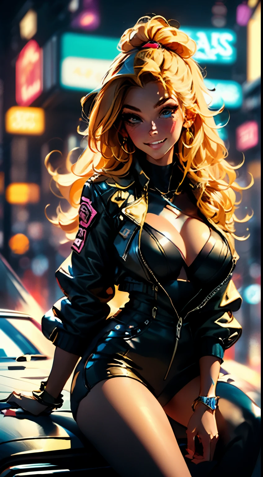 Best quality, ((smiling)) naked blonde girl, long messy hair, Cyberpunk boots, wide open jacket, holding jacket open with both hands, (exposed breasts), fully naked, long brown nipples, no pants, no underwear, sitting on a hood of the car, wide spreading her legs, exposed breasts, hard nipples, showing pussy, hairy pussy, leaking pussy, horny pose, after sex cum, eye-catching accessories, trendy and innovative hairstyle, dazzling Cyberpunk cityscape, skyscrapers, neon signs, LED lights, bright and vivid color scheme, anime, illustration, detailed skin texture, beautiful detailed face, intricate details, ultra detailed, cinematic lighting, dark shadows.