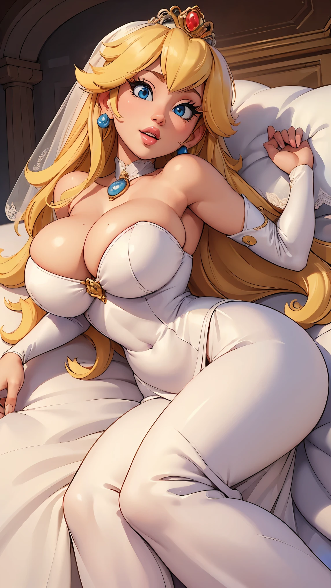 ((masterpiece)), ((best quality)), (detailed), perfect, solo, peach, gorgeous woman with wedding dress, bridal veil on the head, luscious lips, long hair, huge breast, deep cleavage, huge breasts, sexy, lying down