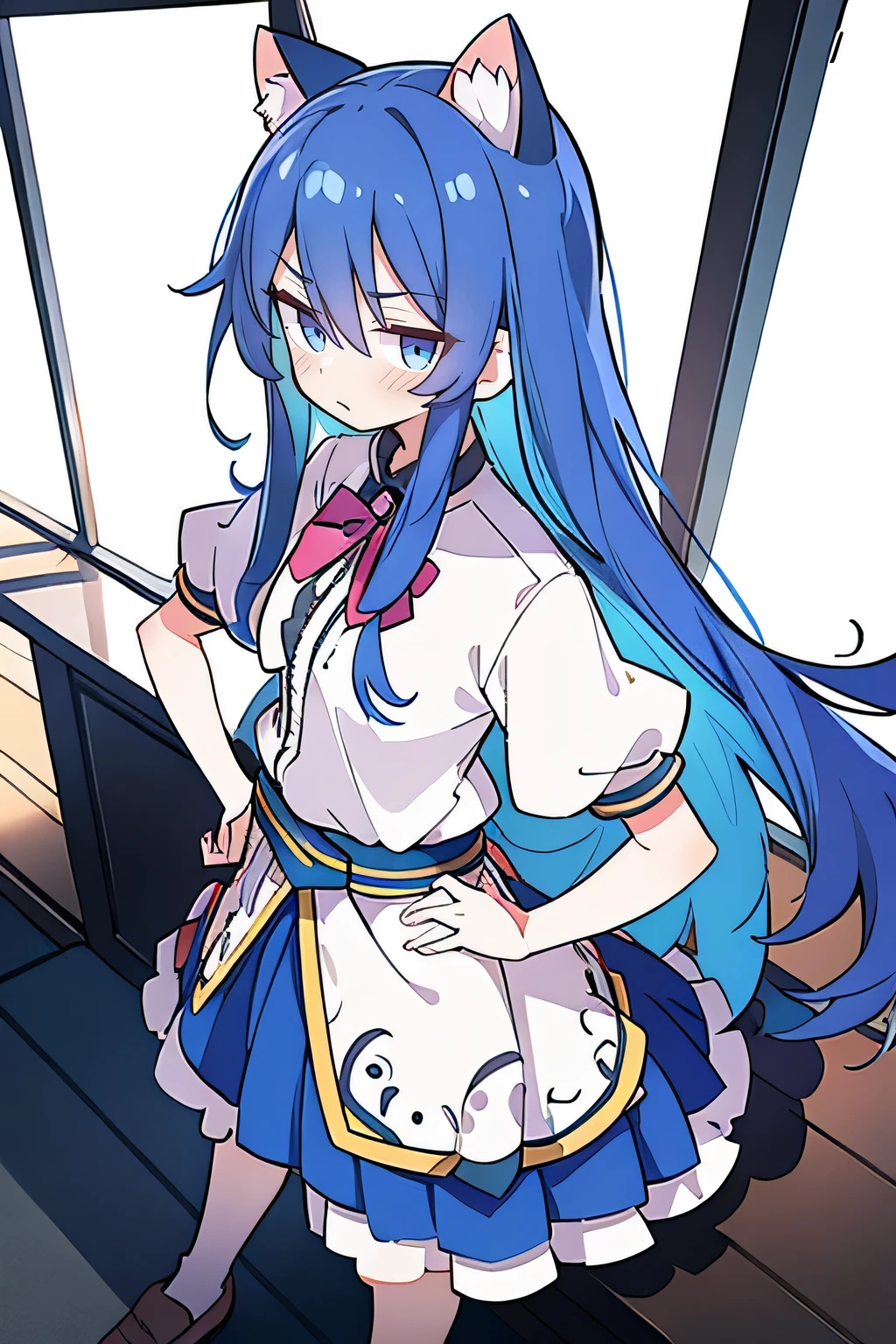 (masterpiece),best quality, expressive eyes, perfect face, 1girl,
 Put your hands on your waist,fair, Gorgeous,Japanese cartoons,girl,lola,Hina Angel, blue hair, blue haired, floating clothes,Grab your waist, Grab your waist, hands on hips , hands on hips,sit, sit on ground, Legs on the ground, flat chest,cat ears,dark blue eyes,