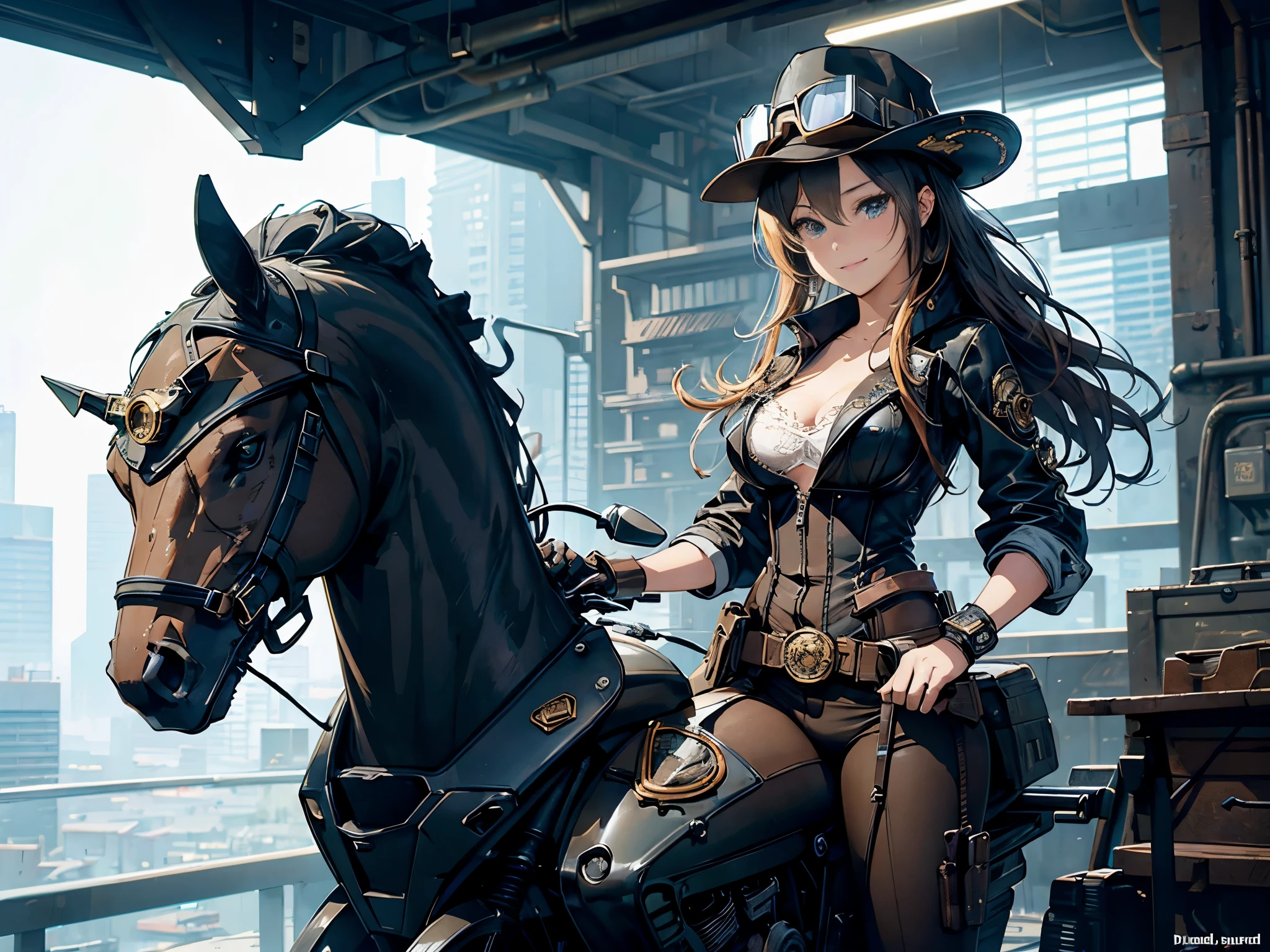 (comic book style),(line drawing_anime),(cowboy shot, highest quality, ),(Laura Budd Photos:1.2),(Laura Add Details:1.0),8K, flat color:0.8,1 girl,smile、(Steampunk bike ride 1.5)、Exquisitely decorated motorcycle、(Highly decorative and complex mechanical steampunk fashion, lace flare dolphin hat、goggles 1.5、machinery background、Gear background、Intricately mechanized steampunk cityscape 1.5),