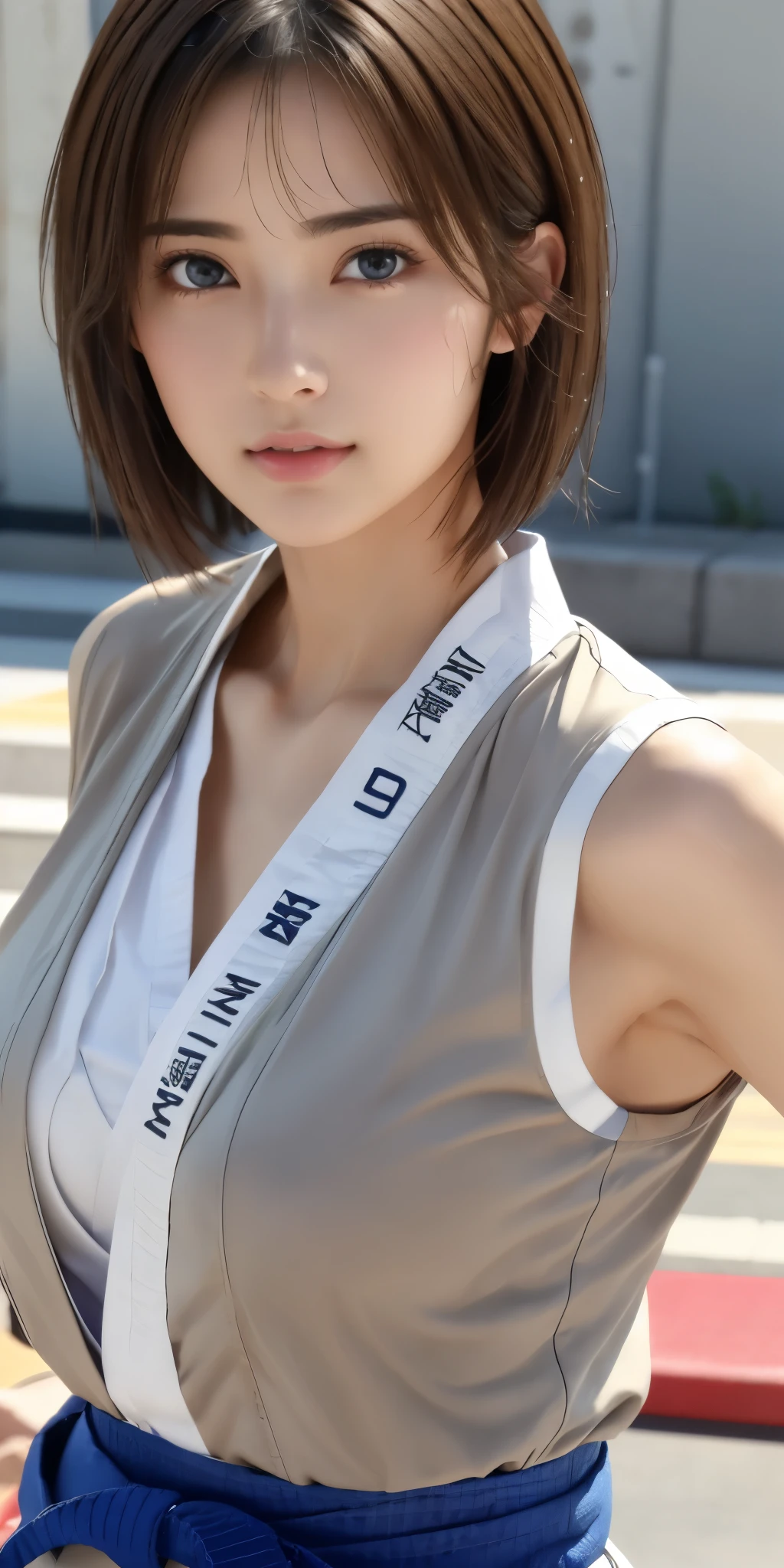 NSFW、16k、Photoreal、highest quality、masterpiece、ultra high resolution、Raw photo、realistic、bright lighting、face light、smooth professional lighting、looking at camera、alone、adult woman、Beautiful woman、super beautiful woman、realistic肌、moist skin、Realistic eyes and faces、Perfect model body style、beautiful eyes、Big eyes、Inconspicuous tear bags、slim、medium big breasts、No bra、My nipples are pushing up my shirt、camel toe、very short hair、black hair、black eye、looks fun、beautiful hip line、Upper body including the top of the head、pretty fingers、(((karate)))、(((karateの道着)))、(((karate着)))、karate道場、(exposure is low)、athlete