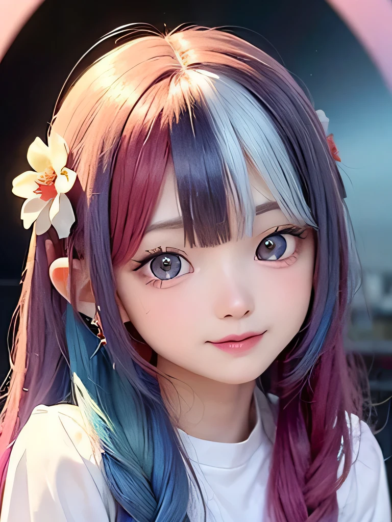 background is sky、small face、 (alone:1.5,)Super detailed,bright colors, very beautiful detailed anime face and eyes, look straight,  shiny_skin,girl, (((rainbow colored hair, colorful hair, Half blue、half red hair: 1.2))), 、shiny hair, delicate beautiful face, blush、Glasses、(turquoise eyes), , Valletta, earrings,、flower garden、sunset、(（(Translucent shirt)))、（twin tails）、（smile、happy face、face dyed red）、cheerful pose、dynamic、Upper body