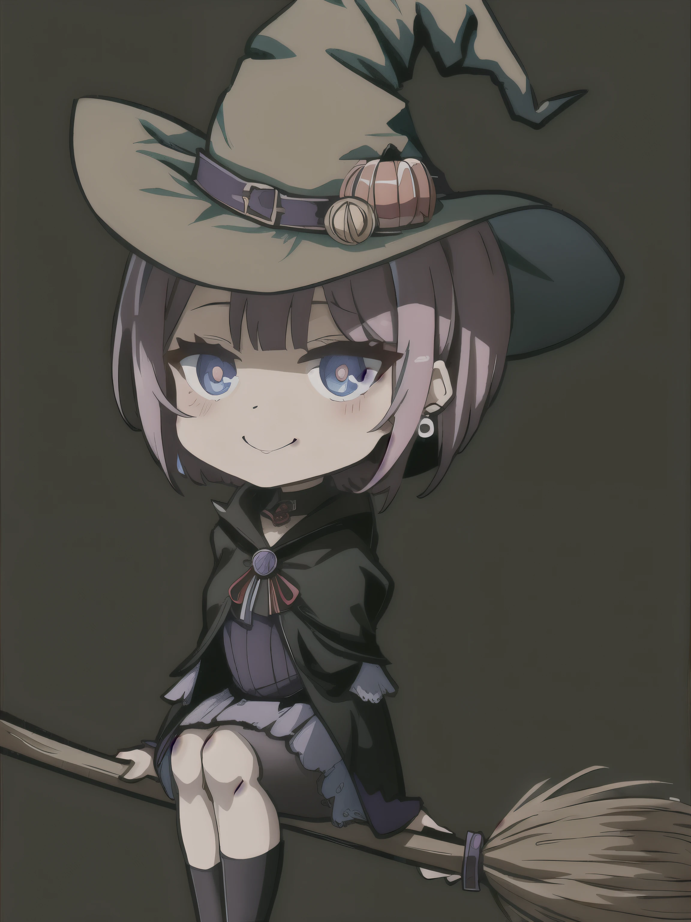 Anime woman wearing a hat and sitting on a broom, witch girl, , Chibi, witchy, witch, a witch, dark witch character, wearing a witch hat, bright witch, scarry but bewitching, [[[[with an evil smile]]]], dark witch, fashionable dark witch, mechanized witch girl, classical witch ,redviolet hair,earrings