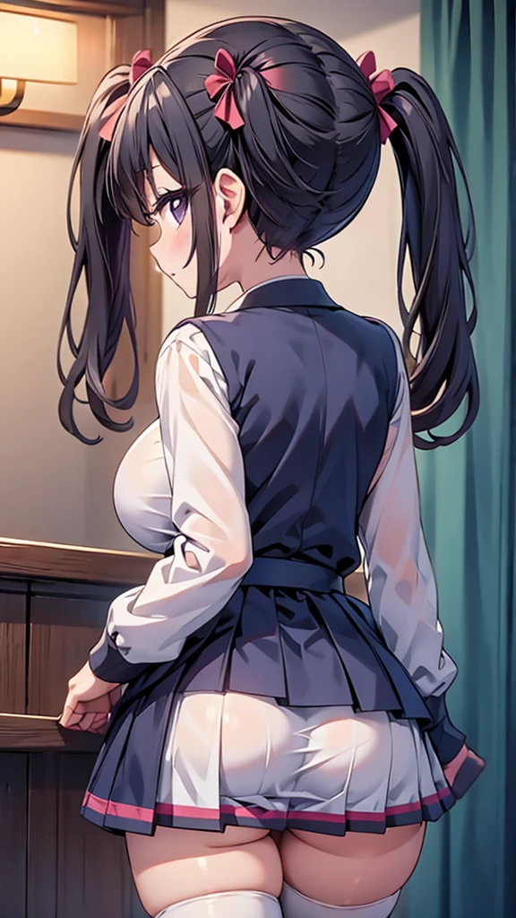 highest quality,wonderful,finely,extremely detailed CG Unity 8K wallpaper, (sex from behind:1.4), (1 girl, black hair,twin tails, clothed),(huge breasts:1.1),(acolyte:1.3), (zettai ryouiki:1.4),(from behind:1.3)