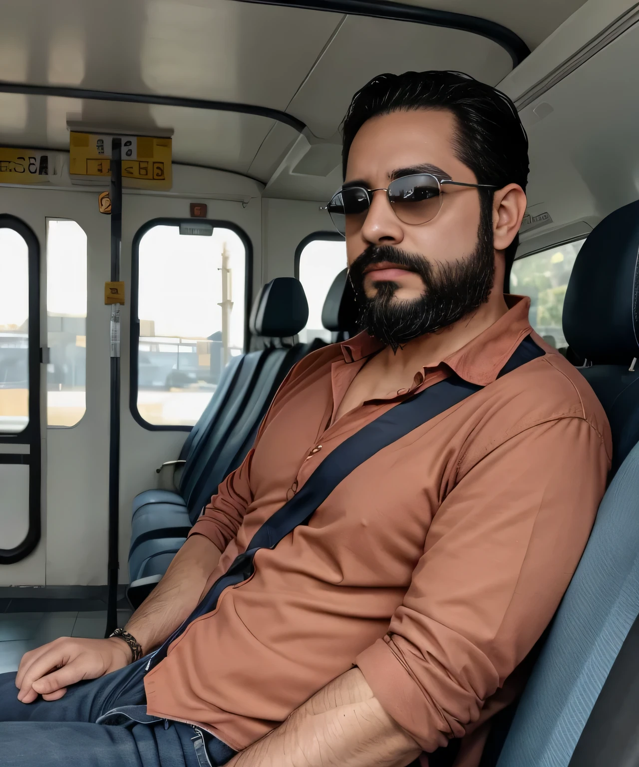 Parte superior del cuerpo, 38 year old man with beard and sunglasses. Hombre vistiendo ropa formal con camisa roja, on public transport .