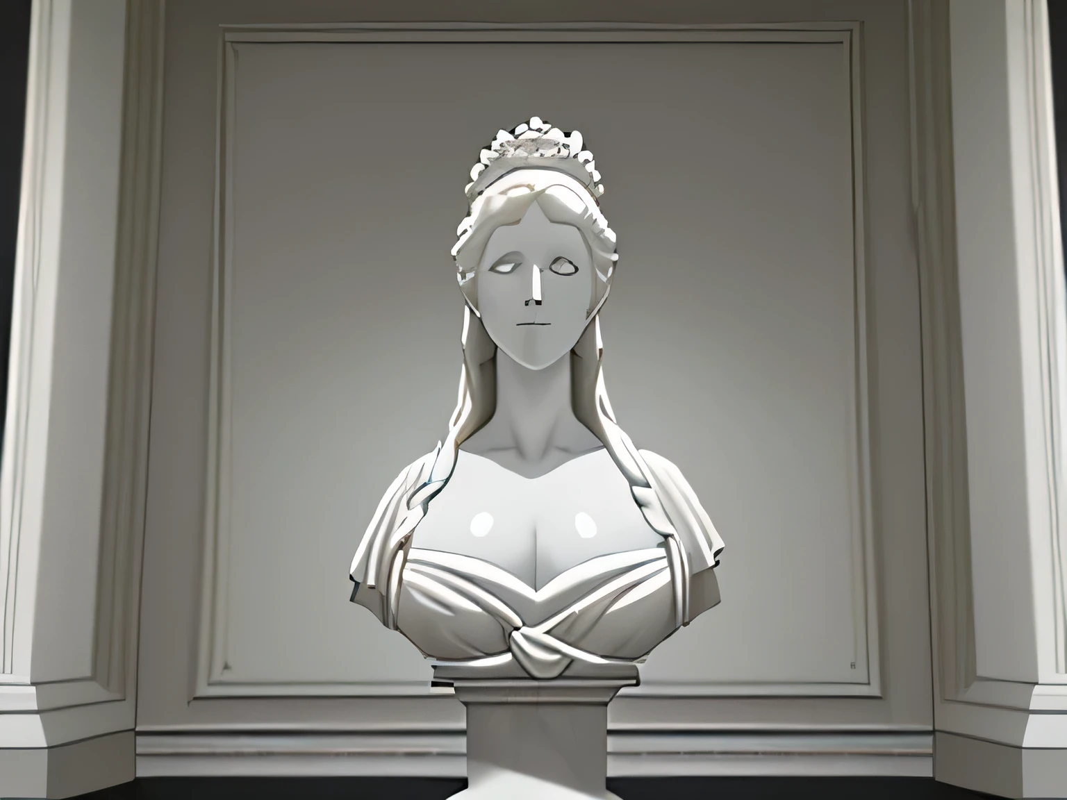 White marble statue of a bust of a woman in the style of a queen in the museum. Dark atmosphere, hoher Kontrast von Licht und Schatten, professionelle Dr Fotografie, ultrarealistisch, leicht volumetrisch, filmisch