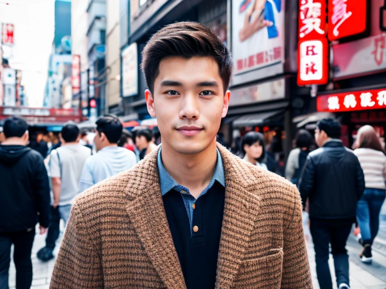 Realism, 8K full body portrait, a handsome guy, 20 year old man,Street background of Dotonbori Shinsaibashi in Osaka during the day. charming expression, Detailed facial details