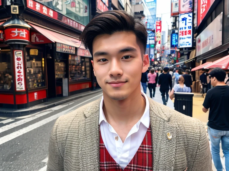 Realism, 8K full body portrait, a handsome guy, 20 year old man,Street background of Dotonbori Shinsaibashi in Osaka during the day. charming expression, Detailed facial details