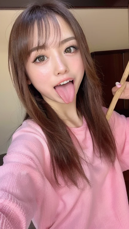 Japanese woman beautiful girl  face top quality realistic skin eyes are in focus 20 years old stick out tongue focus on mouth open mouth long tongue saliva open mouth wide see inside of mouth open mouth and stick out tongue 