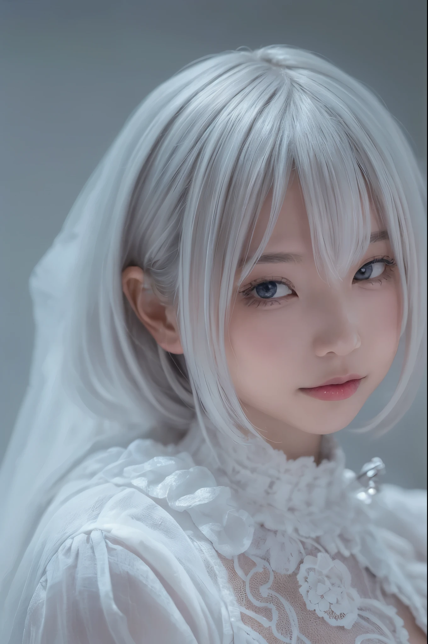 ((high quality)),on the table,(Detailed description of local details:1.2),1 japanese girl,(plump breasts:1.3),Magic Valley,Keep your mouth shut,eyelash,looking at the audience,portrait,alone,Upper body,white hair,white theme,short hair,silver hair,Night. Type 2 B,