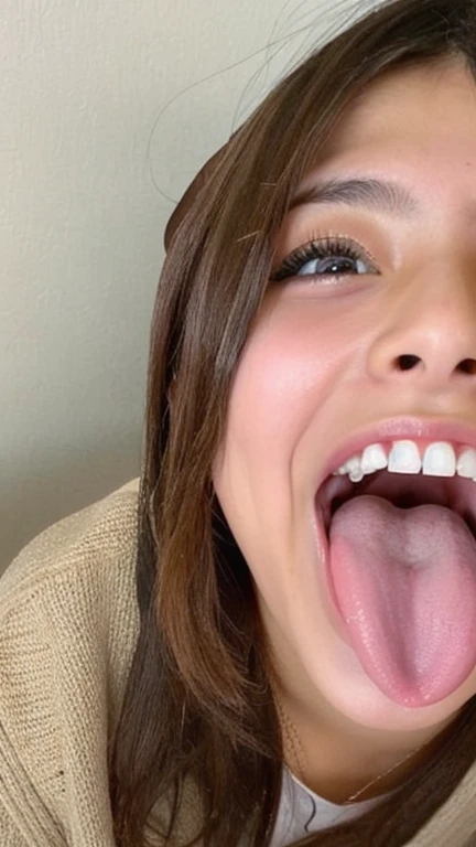 Japanese woman beautiful girl face top quality realistic skin eyes are in focus 20 years old stick out tongue focus on mouth open mouth long tongue saliva open mouth wide see inside of mouth open mouth and stick out tongue