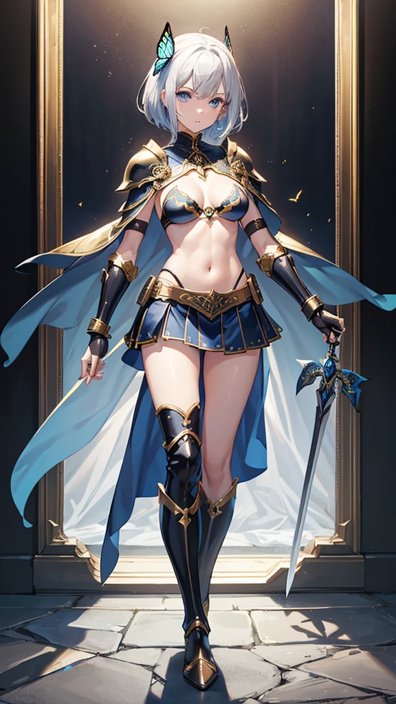 (room),masterpiece, best quality,ultra detailed, perfect body,small face,long leg,super detailed skin, professional lighting,a ager,blue eyes, pale skin, shiny skin, (short hair) , silver hair,big breast,cleavage,((butterfly hair ornament)),all blue cape,(Black and gold breast Bikini armor,Black gauntlet),((black mini skirt armor,long boots)),with a sword,dungeon,hero