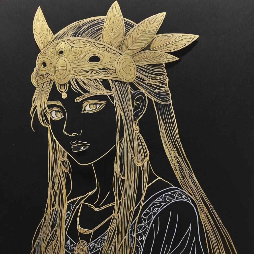 A careless sketch with a gold paint marker in one line, on black paper. Mononoke-hime from the anime by Hayao Miyazaki. High Resolution, High Quality, Masterpiece