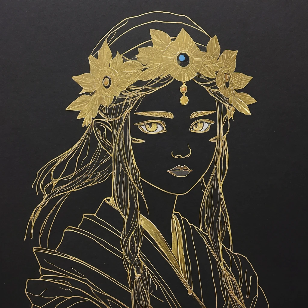 A careless sketch with a gold paint marker in one line, on black paper. Mononoke-hime from the anime by Hayao Miyazaki. High Resolution, High Quality, Masterpiece