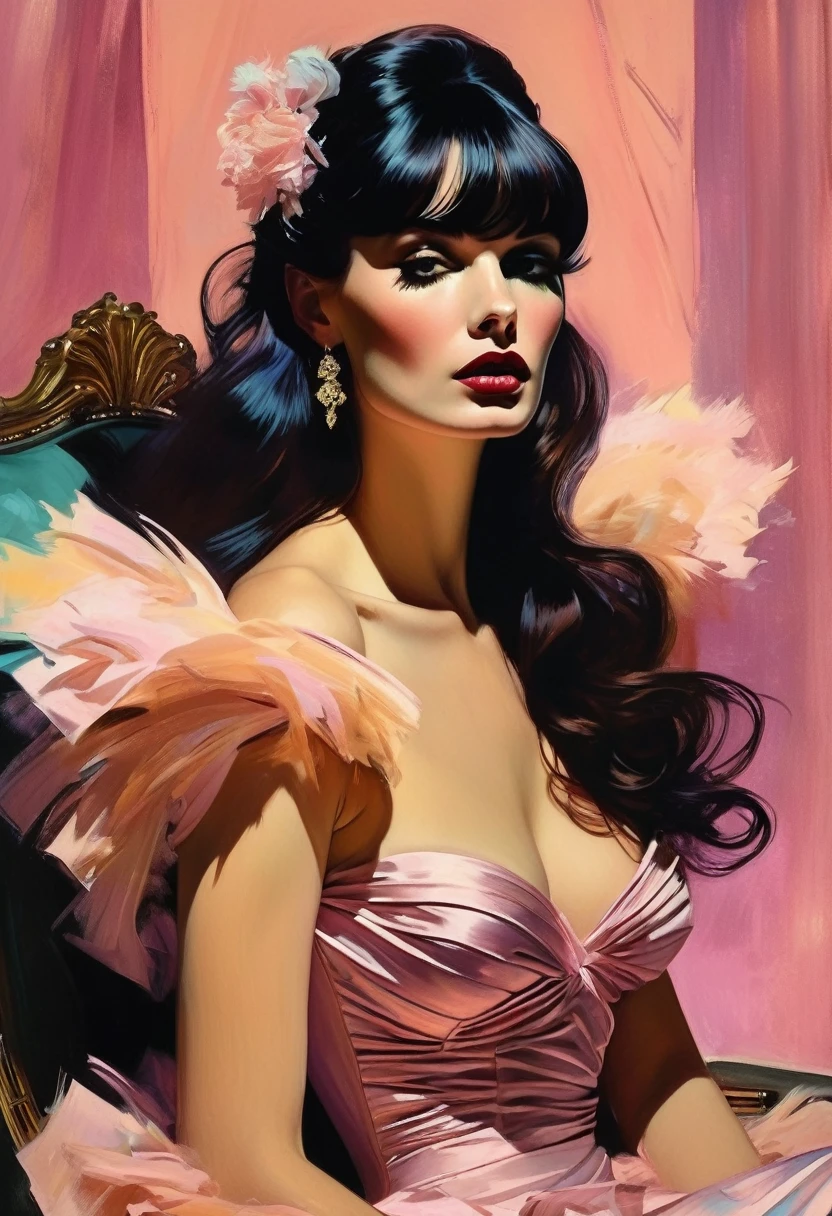 (thick and bold) ink sketch technique on sensual illustration of an elegant queen (((medium hair with bangs:1.4、Beautiful bangs) , vintage ,silky dress, matte painting, by John Singer Sargent, by Harumi Hironaka, extremely soft colors, dark fashion , Tiffany pastel, highly detailed, digital artwork, high contrast, dramatic, refined, tonal, an intimate, seductive studio setting with a focus on sensuality and romance. Utilize soft, warm lighting that bathes the space in a gentle, inviting glow. Incorporate luxurious fabrics, plush furnishings, and a touch of decadence to evoke an opulent ambiance. The scene should exude an air of serenity and anticipation, inviting the viewer into a sensual and romantic space