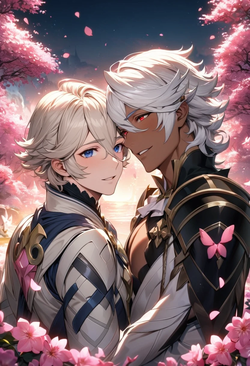 absurdres, highres, ultra detailed, HDR, master piece, best quality, Corrin, short White hair, hair between the eyes, expressive red eyes, Fire emblem fates, Niles, white hair, expressive blue dark eyes, tanned skin, 2men together, gay couple, extremely handsome, pink petals, pink butterflies, pink flowers, pink trees