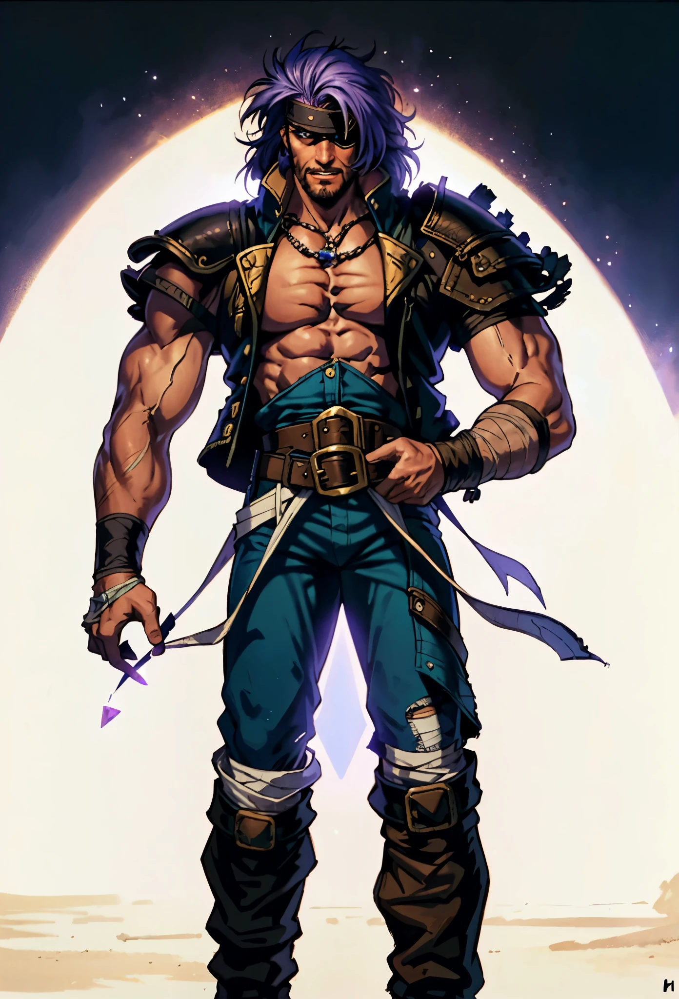A man with medium-length fluffy lavender-blue hair parted in the middle, his upper face obscured by bandage eye patch, a square face, a wild expression, a sturdy physique, clad in a fantasy-style wild sleeveless coat with leather light armor, a gemstone belt cinches his waist, he wears wrist guards, cargo pants, one hand on his hip gripping the belt, the backdrop of a desolate island where countless black birds soar, this character embodies a finely crafted fantasy pirate-style overlord in anime style, exquisite and mature manga art style, high definition, best quality, highres, ultra-detailed, ultra-fine painting, extremely delicate, professional, perfect body proportions, golden ratio, anatomically correct, symmetrical face, extremely detailed eyes and face, high quality eyes, creativity, RAW photo, UHD, 32k, Natural light, cinematic lighting, masterpiece-anatomy-perfect, masterpiece:1.5