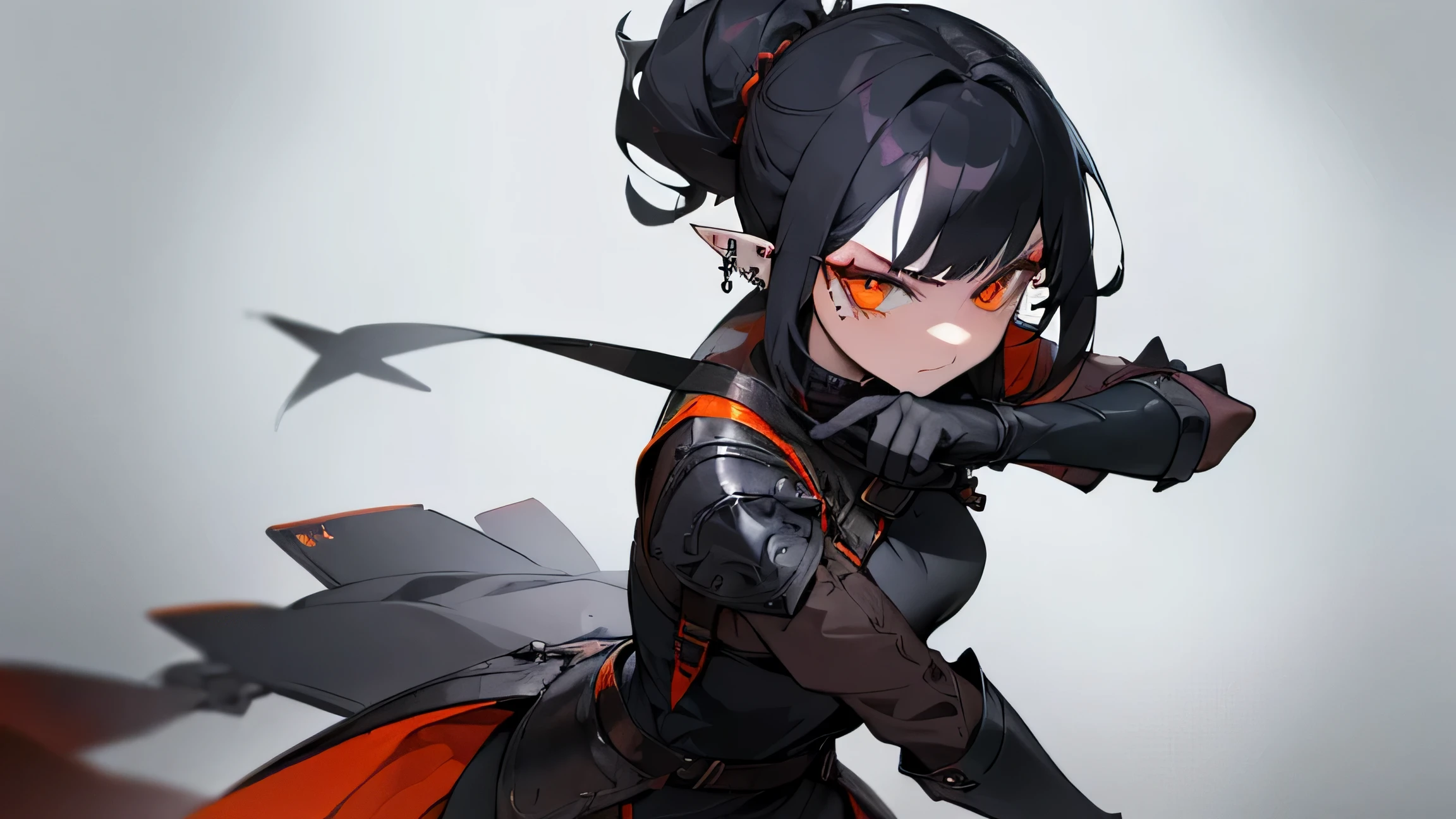 ((Best Quality, 8K, Masterpiece: 1.3)), 1girl, Beauty: 1.3, (Hairstyle Casual ,), casting, dark fantasy, pointy ears, mid action, in combat, black piercings, wearing armor, straps, Super Fine Face, orange eye color, zealous attitude, vampire, red accents. sexy, weapon,