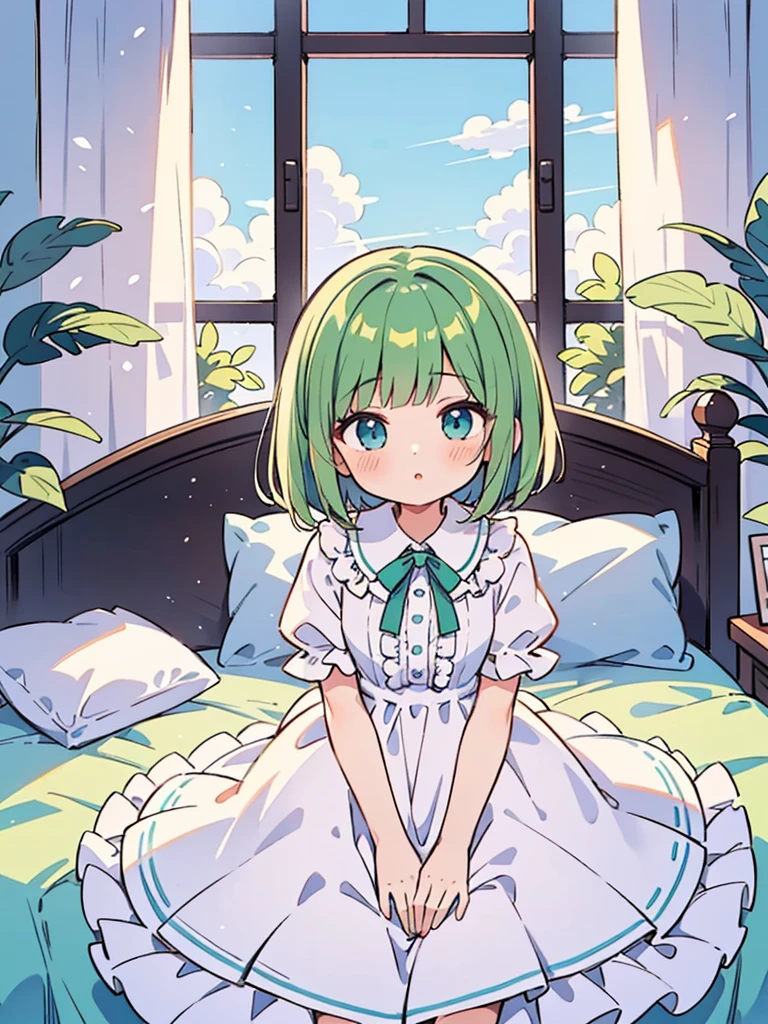 masterpiece, beautiful illustrations, highest quality, pretty girl, 1girl, Bedroom, pastel colour, frilled dress, (Spring Green bob cut), bright lighting, sky-blue eyes