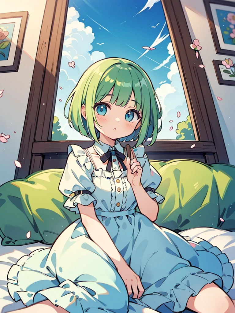 masterpiece, beautiful illustrations, highest quality, pretty girl, 1girl, Bedroom, pastel colour, frilled dress, (Spring Green bob cut), bright lighting, sky-blue eyes