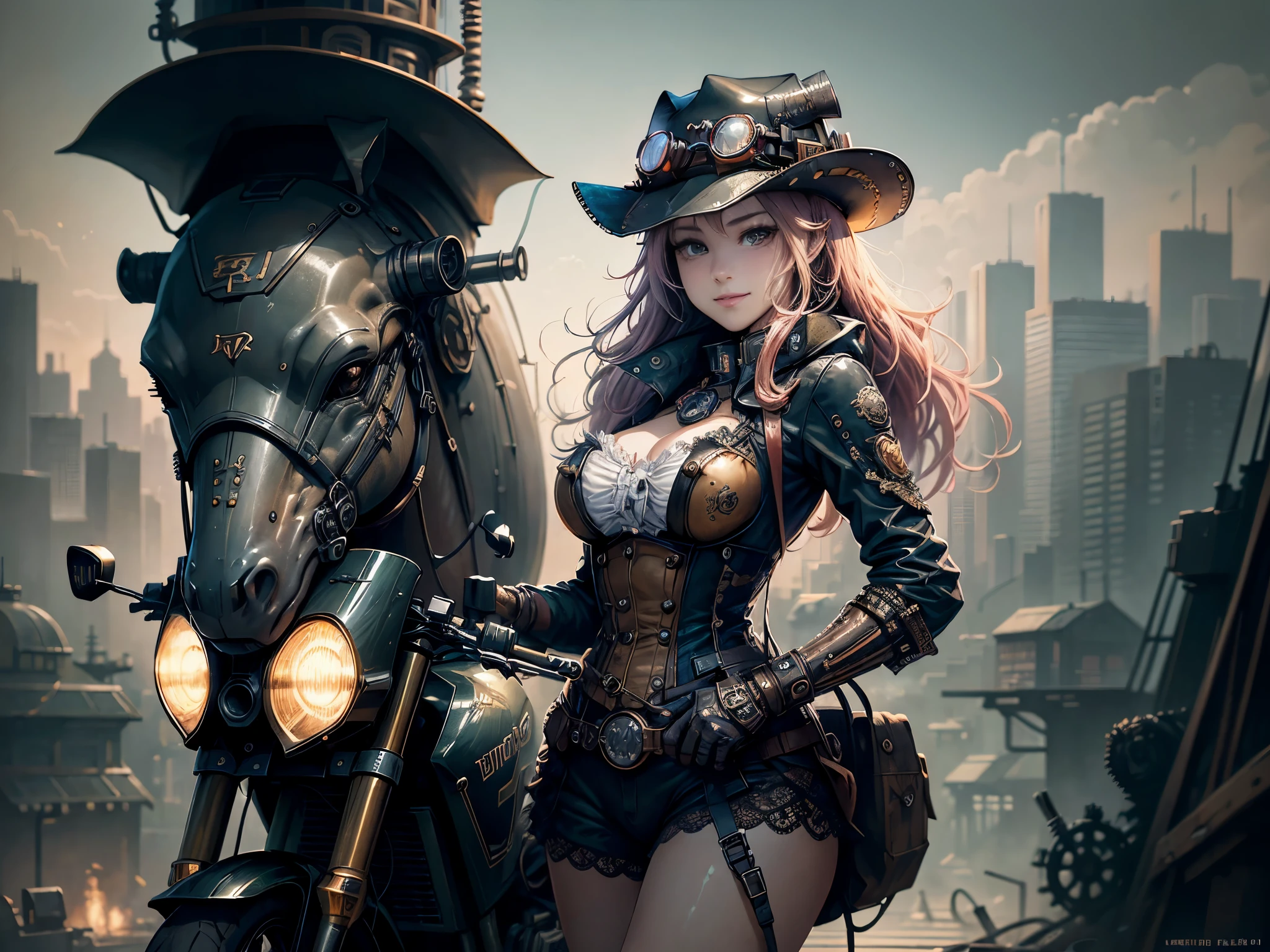 (comic book style),(line drawing_anime),(cowboy shot, highest quality, ),(Laura Budd Photos:1.2),(Laura Add Details:1.0),8K, flat color:0.8,1 girl,smile、(Steampunk bike ride 1.5)、Exquisitely decorated motorcycle、(Highly decorative and complex mechanical steampunk fashion, lace flare dolphin hat、goggles 1.5、machinery background、Gear background、Intricately mechanized steampunk cityscape 1.5),