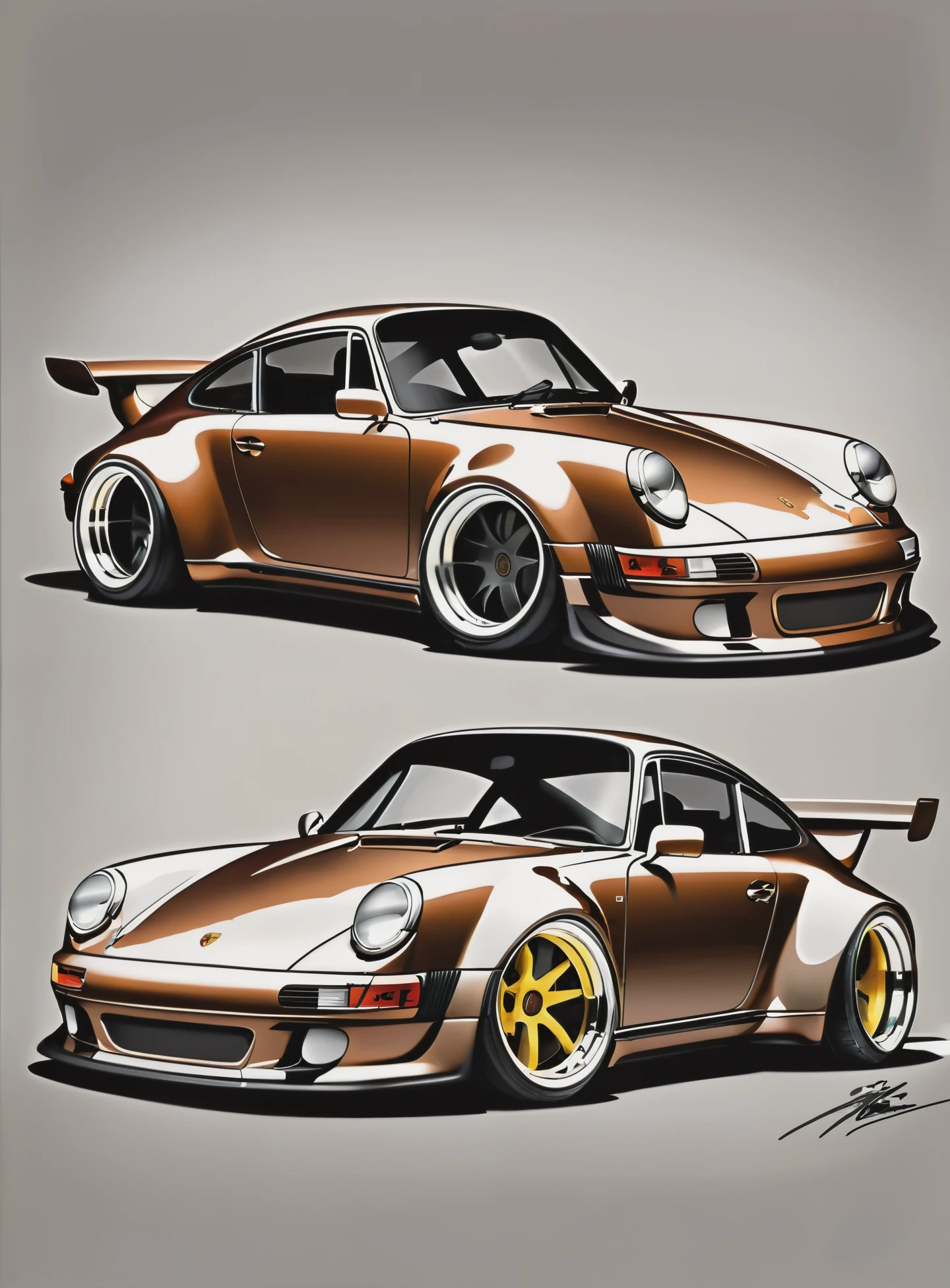 

((([Kodiac Brown Metalic]))) Porsche 911 rwb, wide body,sketch, 
cartoonish, comic strip, Chip Foose car rendering, large chrome wheels, bagged, slammed to the ground, art, gothic art, masterpiece, highly detailed,(([Simple grey background]))





  