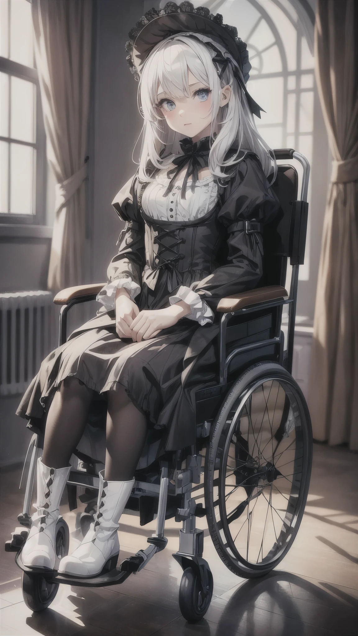 (realistic:1.2),Inside the room,one girl,heavily male-up face,((face-mask)),white gothic Lolita dress,fishnet pantyhose,race-up long boots,((she is riding a wheelchair)),Victorian-style furniture fills the room, with dark wooden bookcases lining the walls, filled with antique books. The girl's wheelchair is adorned with intricate and delicate lace trimmings, adding a touch of elegance to the scene. The room is dimly lit, with soft candlelight illuminating the space, casting warm shadows on the walls. The girl's makeup is dramatic, featuring a bold, dark lip color and heavily emphasized eyes with smoky eyeshadow, accentuating her intense and captivating gaze. Her pale complexion contrasts with her dark, flowing hair, which is styled in an elaborate updo with delicate braids and adorned with small black roses. The white gothic Lolita dress she wears is intricately designed with lace and ruffles, giving it a romantic and ethereal feel. The fishnet pantyhose adds a touch of edginess to her outfit, while the race-up long boots give her a sense of confidence and strength. Despite being in a wheelchair, the girl exudes a sense of grace and poise as she sits upright, her body language conveying determination and resilience. The overall color palette is dominated by shades of white, black, and deep red, creating a dramatic and mysterious atmosphere. The combination of the girl's gothic Lolita attire, the Victorian-style furniture, and the dim lighting evokes a sense of melancholy and intrigue, leaving the viewer with a desire to unravel the story behind this enigmatic scene.