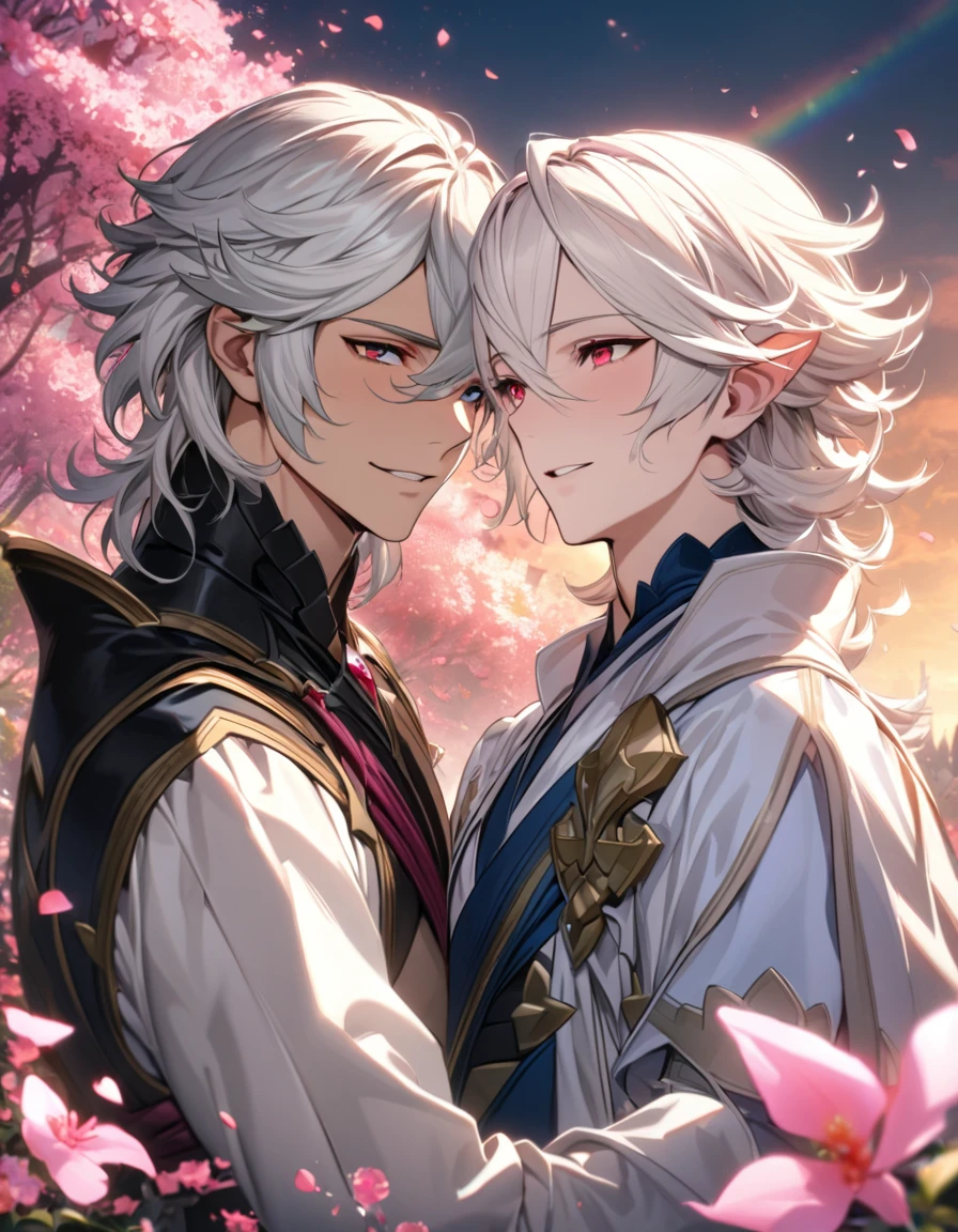 absurdres, highres, ultra detailed, HDR, master piece, best quality, Corrin, short White hair, hair between the eyes, expressive red eyes, Fire emblem fates, Niles, white hair, expressive blue dark eyes, 2men together, gay couple, extremely handsome, pink petals, pink butterflies, pink flowers, pink trees