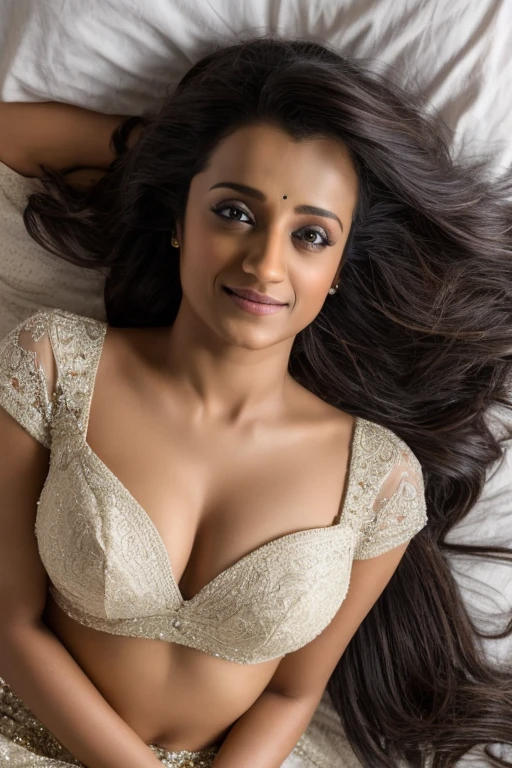 trisha,lying in bed,hot photoshoot,Best quality, masterpiece, ultra high res, (photorealistic:1.4), raw photo, 1girl trisha, 35 yo trisha, deep shadow, low key, cold light, Long wavy hair，brunette color hair，cleanness，((Super beautiful face))、Super beautiful eyes, wink、Super beautiful hair, night,(lying in bed),top view of full body