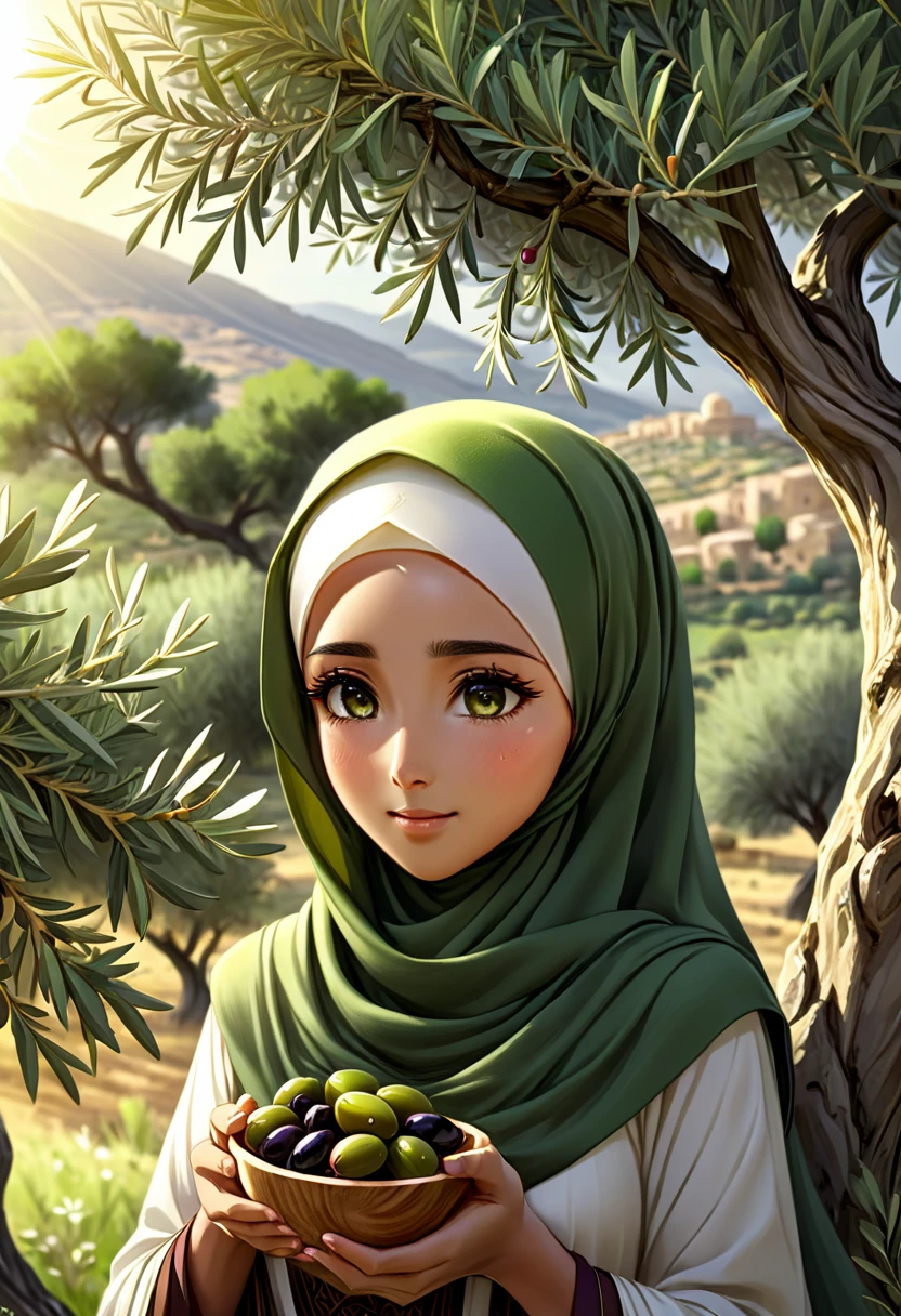 (best quality,4k,highres,hijab:2.0,anime:1.9,hair:0.0,cosmetics:0.0),ultra-detailed,realistic,anime,hijabi woman,anime style,olive tree,harvesting olives,resilience,peaceful atmosphere,gentle hands,ancient trees,cultural symbol,aesthetic scenery,morning sunlight,green landscape,breathtaking view,traditional clothing,beautiful hijab,meaningful gesture,cultural diversity,expressive eyes,serene expression,hopeful expression,peaceful ambiance,graceful movement,harmony with nature,tranquil scene,endless horizon,meditative,emotional,unique perspective,deep connection with land,captivating composition,symbol of perseverance,harvest season