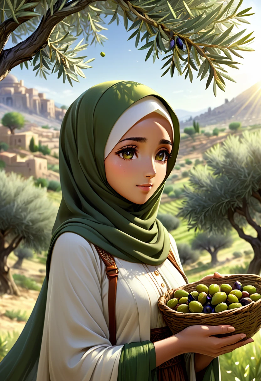 (best quality,4k,highres,hijab:2.0,anime:1.9,hair:0.0,cosmetics:0.0),ultra-detailed,realistic,anime,hijabi woman,anime style,olive tree,harvesting olives,resilience,peaceful atmosphere,gentle hands,ancient trees,cultural symbol,aesthetic scenery,morning sunlight,green landscape,breathtaking view,traditional clothing,beautiful hijab,meaningful gesture,cultural diversity,expressive eyes,serene expression,hopeful expression,peaceful ambiance,graceful movement,harmony with nature,tranquil scene,endless horizon,meditative,emotional,unique perspective,deep connection with land,captivating composition,symbol of perseverance,harvest season