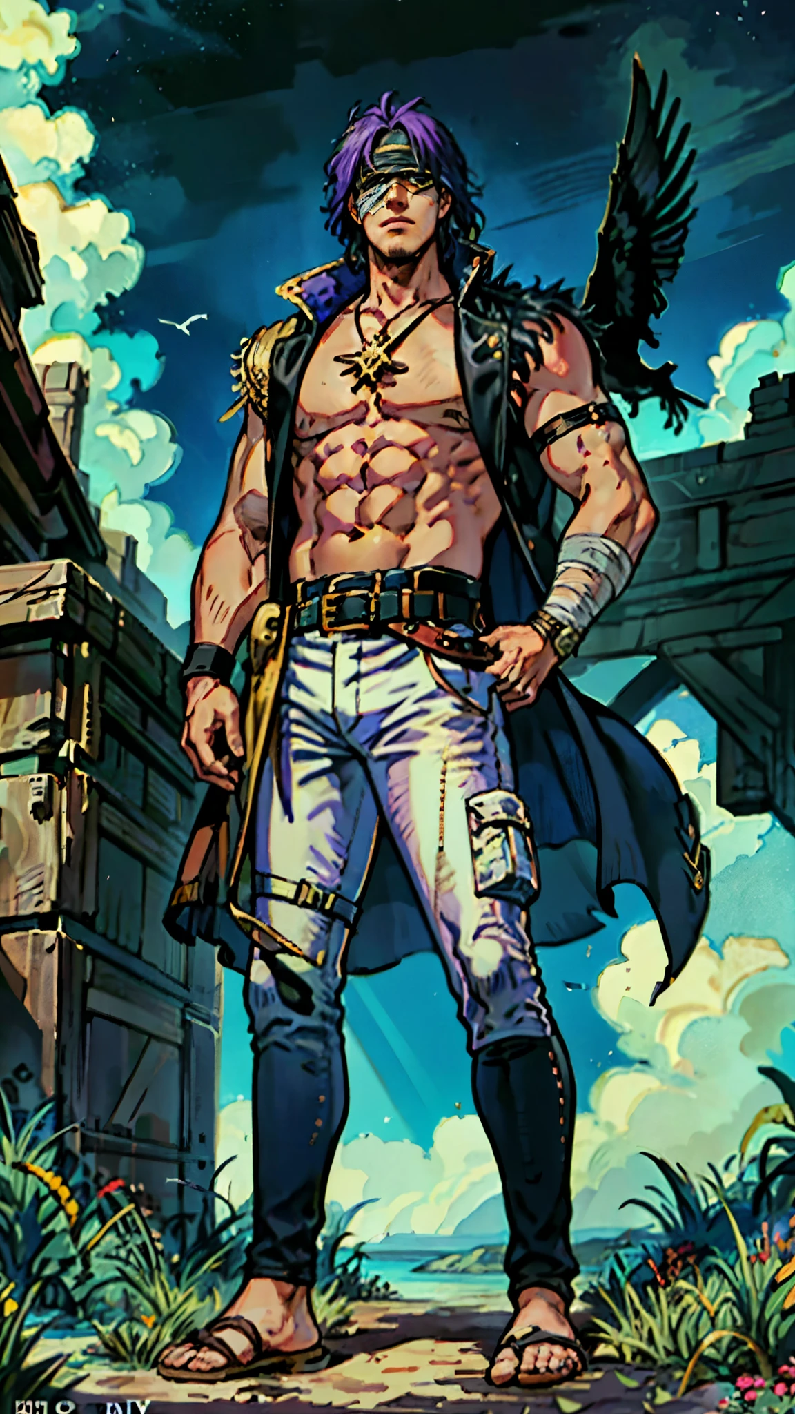 A man with medium-length fluffy lavender-blue hair parted in the middle, his upper face obscured by bandage eye patch, gazes intensely with deep-set eyes, a square face, a wild expression, a sturdy physique, clad in a fantasy-style wild sleeveless coat with leather light armor, a gemstone belt cinches his waist, he wears wrist guards, cargo pants, one hand on his hip gripping the belt, the backdrop of a desolate island where countless black birds soar, this character embodies a finely crafted fantasy pirate-style overlord in anime style, exquisite and mature manga art style, high definition, best quality, highres, ultra-detailed, ultra-fine painting, extremely delicate, professional, perfect body proportions, golden ratio, anatomically correct, symmetrical face, extremely detailed eyes and face, high quality eyes, creativity, RAW photo, UHD, 32k, Natural light, cinematic lighting, masterpiece-anatomy-perfect, masterpiece:1.5