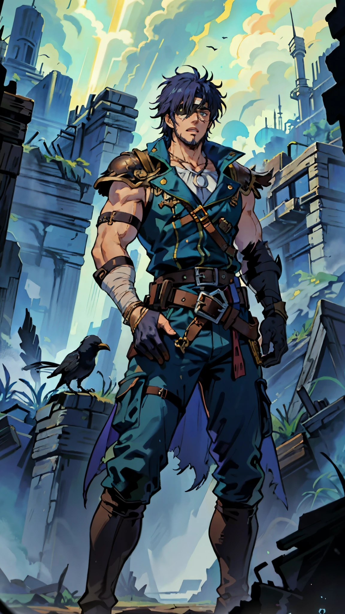 A man with medium-length fluffy lavender-blue hair parted in the middle, his upper face obscured by bandage eye patch, gazes intensely with deep-set eyes, a square face, a wild expression, a sturdy physique, clad in a fantasy-style wild sleeveless coat with leather light armor, a gemstone belt cinches his waist, he wears wrist guards, cargo pants, one hand on his hip gripping the belt, the backdrop of a desolate island where countless black birds soar, this character embodies a finely crafted fantasy pirate-style overlord in anime style, exquisite and mature manga art style, high definition, best quality, highres, ultra-detailed, ultra-fine painting, extremely delicate, professional, perfect body proportions, golden ratio, anatomically correct, symmetrical face, extremely detailed eyes and face, high quality eyes, creativity, RAW photo, UHD, 32k, Natural light, cinematic lighting, masterpiece-anatomy-perfect, masterpiece:1.5