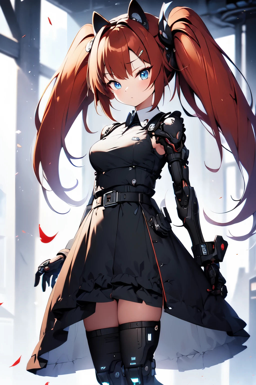 masterpiece, Complex, anime style, full body, 1 girl, raccoon, raccoonの女の子, raccoonの耳, 1 tail, fluffy tail, raccoonの尻尾, brown and light brown ringed tail, Red and blue eyes are blurred, cyber eye, short hair, Red hair inside, brown hair, Hair on the left side, red hair strip, Cyberne body, Mecha Arms, mechanical leg, mechanical arm, mechanical legs, Shoulders not covered、A short black shirt with black mesh trim up to the collar, polo shirt, short black skittles、dark red checkered pattern, Black belt around the waist, looking at the viewer, highest quality, 4k,High resolution, professional art, professional drawing, Professional line art, contoured marker