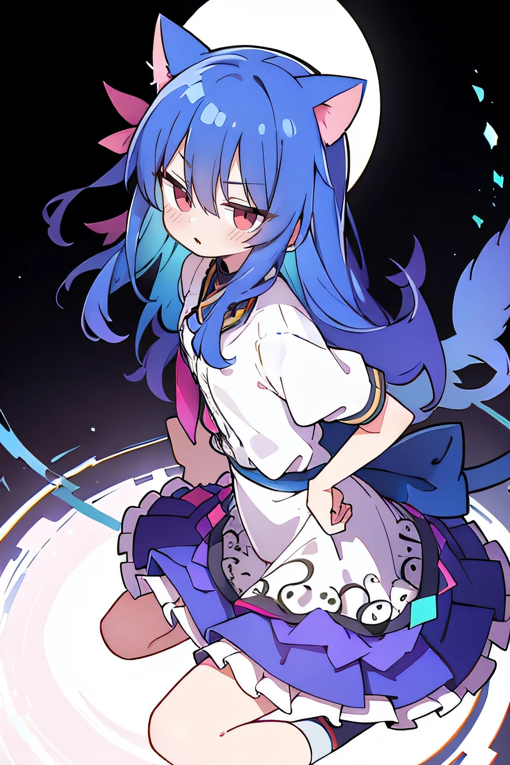 (masterpiece),best quality, expressive eyes, perfect face, 1girl,
 Put your hands on your waist,fair, Gorgeous,Japanese cartoons,girl,lola,Hina Angel, blue hair, blue haired, floating clothes,Grab your waist, Grab your waist, hands on hips , hands on hips,sit, sit on ground, Legs on the ground, flat chest,cat ears,
