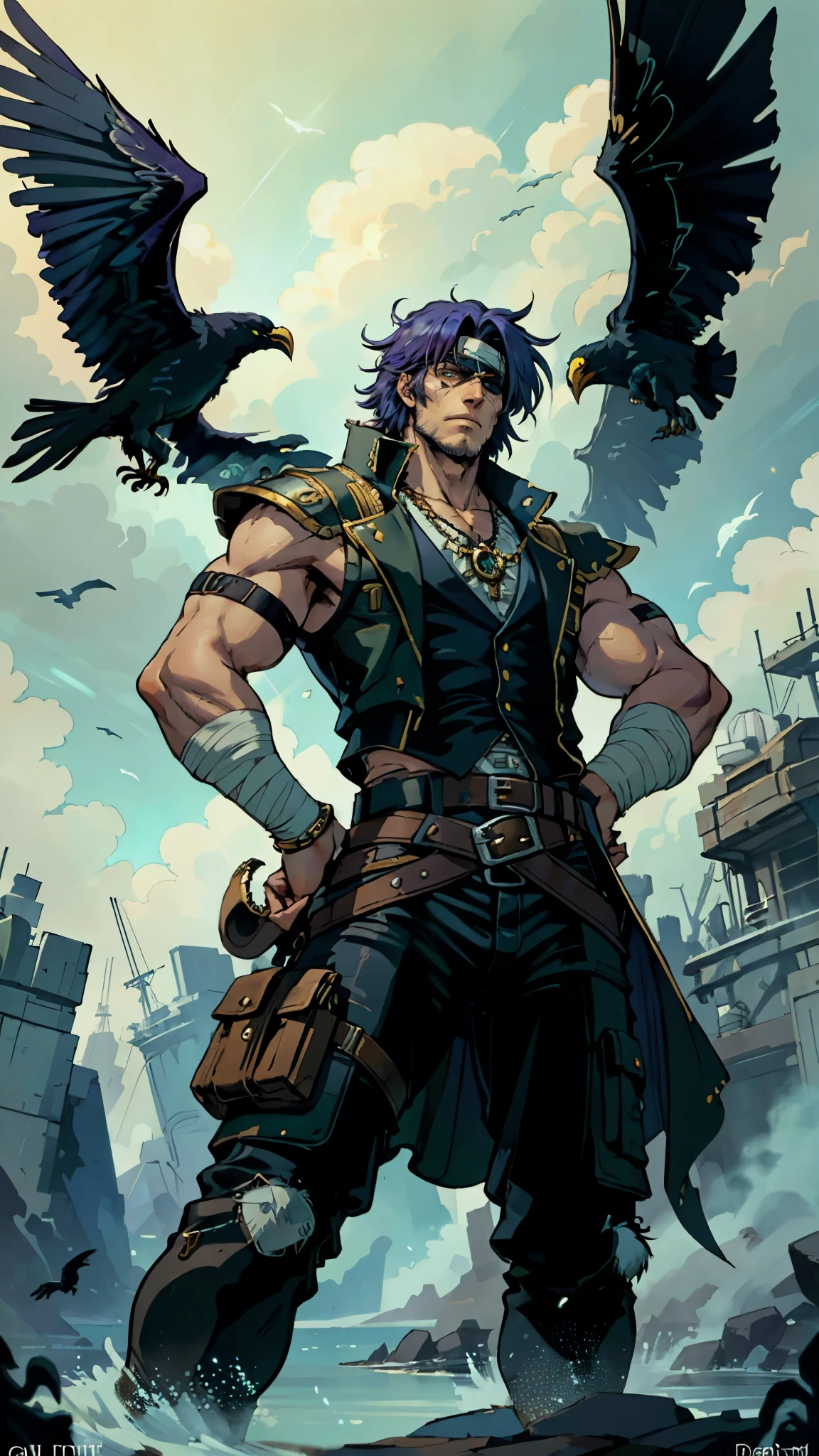 A man with medium-length fluffy lavender-blue hair parted in the middle, his upper face obscured by bandage eye patch, gazes intensely with deep-set eyes, a square face, a wild expression, a sturdy physique, clad in a fantasy-style wild sleeveless coat with leather light armor, a gemstone belt cinches his waist, he wears wrist guards, cargo pants, one hand on his hip gripping the belt, the backdrop of a desolate island where countless black birds soar, this character embodies a finely crafted fantasy pirate-style overlord in anime style, exquisite and mature manga art style, high definition, best quality, highres, ultra-detailed, ultra-fine painting, extremely delicate, professional, perfect body proportions, golden ratio, anatomically correct, symmetrical face, extremely detailed eyes and face, high quality eyes, creativity, RAW photo, UHD, 32k, Natural light, cinematic lighting, masterpiece-anatomy-perfect, masterpiece:1.5