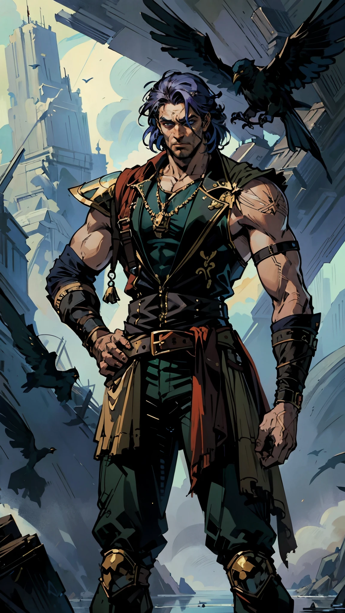 A man with medium-length fluffy lavender-blue hair parted in the middle, his upper face obscured by bandage eye patch, gazes intensely with deep-set eyes, a square face, a wild expression, a sturdy physique, clad in a fantasy-style wild sleeveless coat with leather light armor, a gemstone belt cinches his waist, he wears wrist guards, cargo pants, one hand on his hip gripping the belt, the backdrop of a desolate island where countless black birds soar, this character embodies a finely crafted fantasy pirate-style overlord in anime style, exquisite and mature manga art style, high definition, best quality, highres, ultra-detailed, ultra-fine painting, extremely delicate, professional, perfect body proportions, golden ratio, anatomically correct, symmetrical face, extremely detailed eyes and face, high quality eyes, creativity, RAW photo, UHD, 32k, Natural light, cinematic lighting, masterpiece-anatomy-perfect, masterpiece:1.5