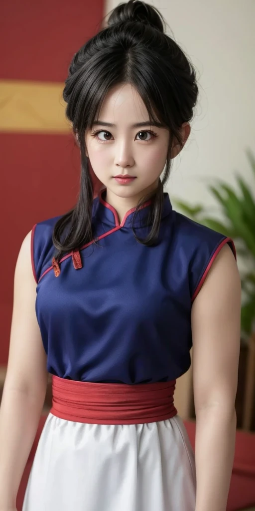 1girl,Chichi in dragon ball,black hair,blue Chinese clothes,realistic,best,detaile, upper body 