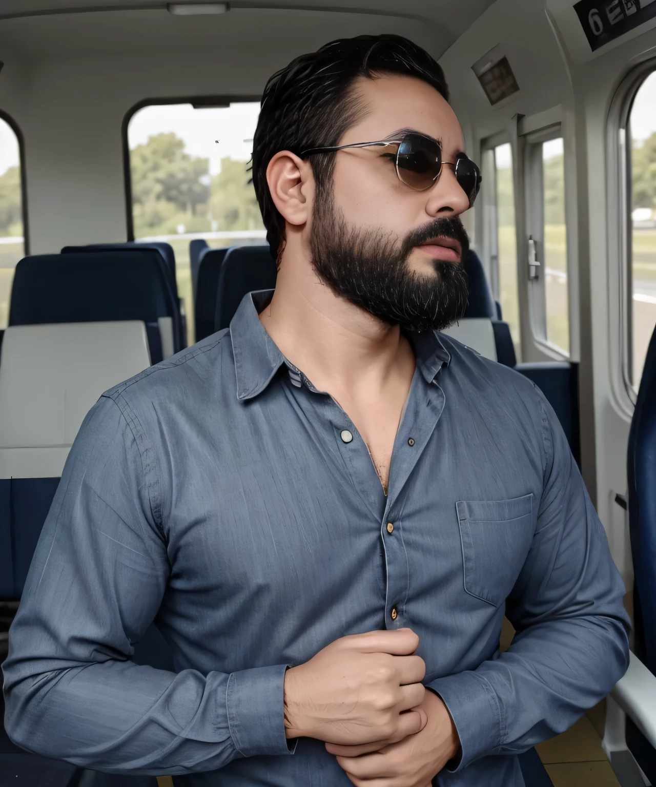 Parte superior del cuerpo, 38 year old man with beard and sunglasses. Hombre vistiendo ropa formal con camisa roja, on public transport .