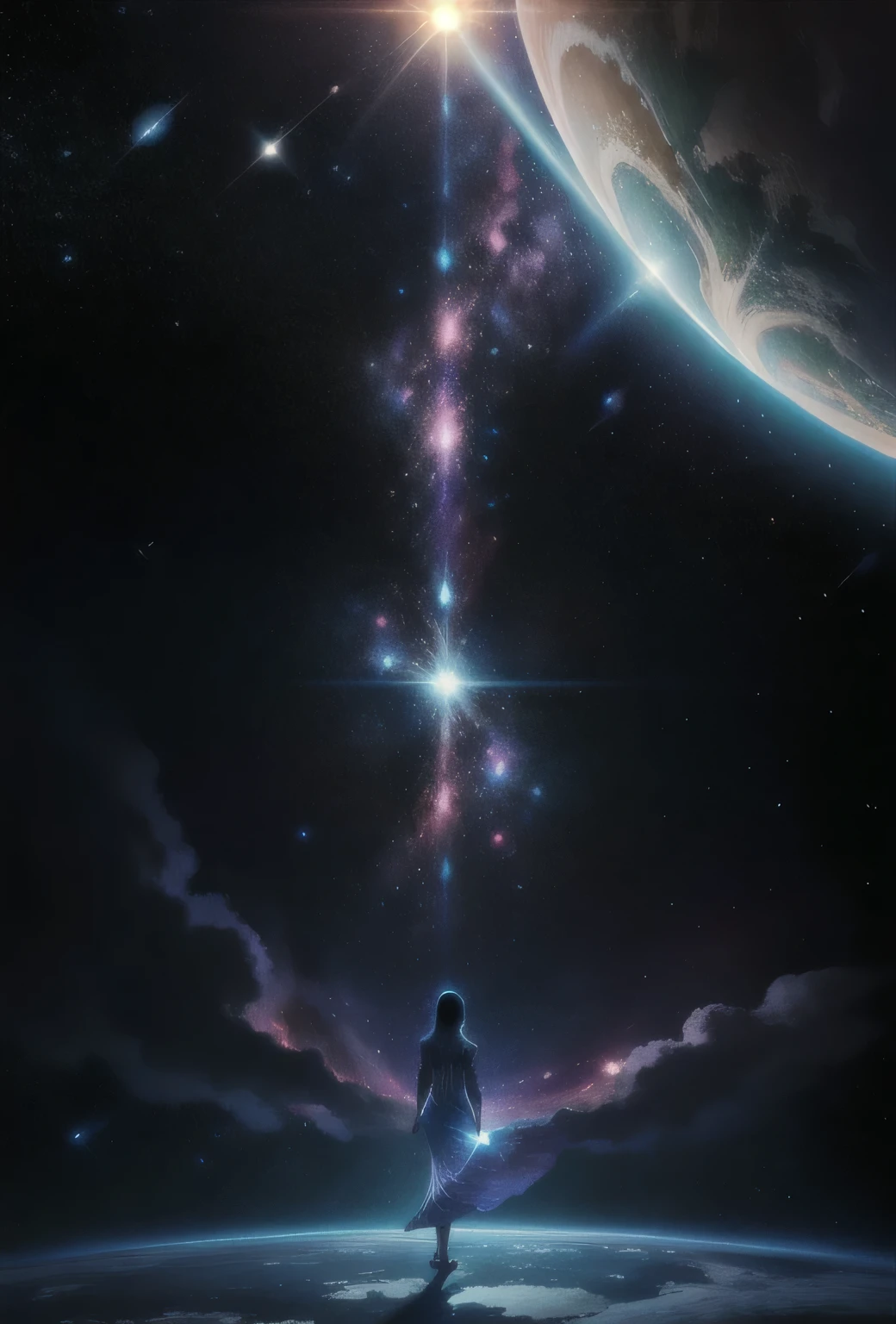 woman，Standing in a dazzling space galaxy，There is a planet in the background，It is surrounded by a cosmic ocean of stars，woman，standing on one&#39;s own feet，full body photo，