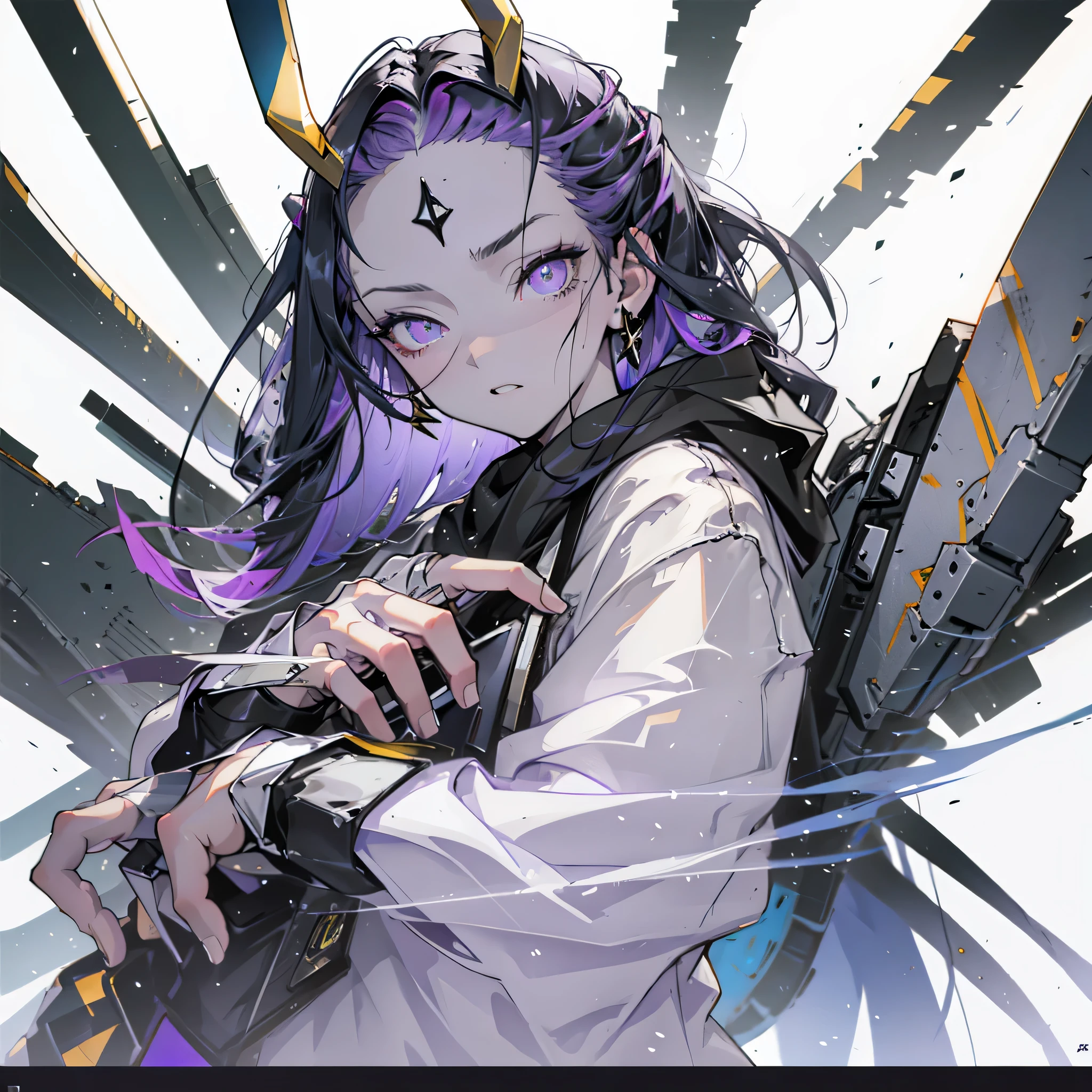Bunny boy. Twisting dark purple horns wrapped in black ribbon. golden halo above your head. Long dark purple hair braided on the left side. pale violet eyes. Long white t-shirt. white short shorts. White knee socks above the knee. White cloak with hood and ornament of gold rings. white concrete wall lighting lamps. water on asphalt. full length