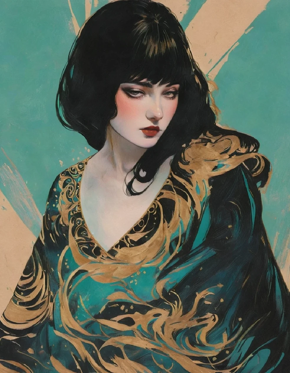 (thick and bold) ink sketch technique on sensual illustration of an elegant queen (((medium hair with bangs:1.4、Beautiful bangs) , vintage ,silky dress, matte painting, by John Singer Sargent, by Harumi Hironaka, extremely soft colors, dark fashion , Tiffany pastel, highly detailed, digital artwork, high contrast, dramatic, refined, tonal, an intimate, seductive studio setting with a focus on sensuality and romance. Utilize soft, warm lighting that bathes the space in a gentle, inviting glow. Incorporate luxurious fabrics, plush furnishings, and a touch of decadence to evoke an opulent ambiance. The scene should exude an air of serenity and anticipation, inviting the viewer into a sensual and romantic space