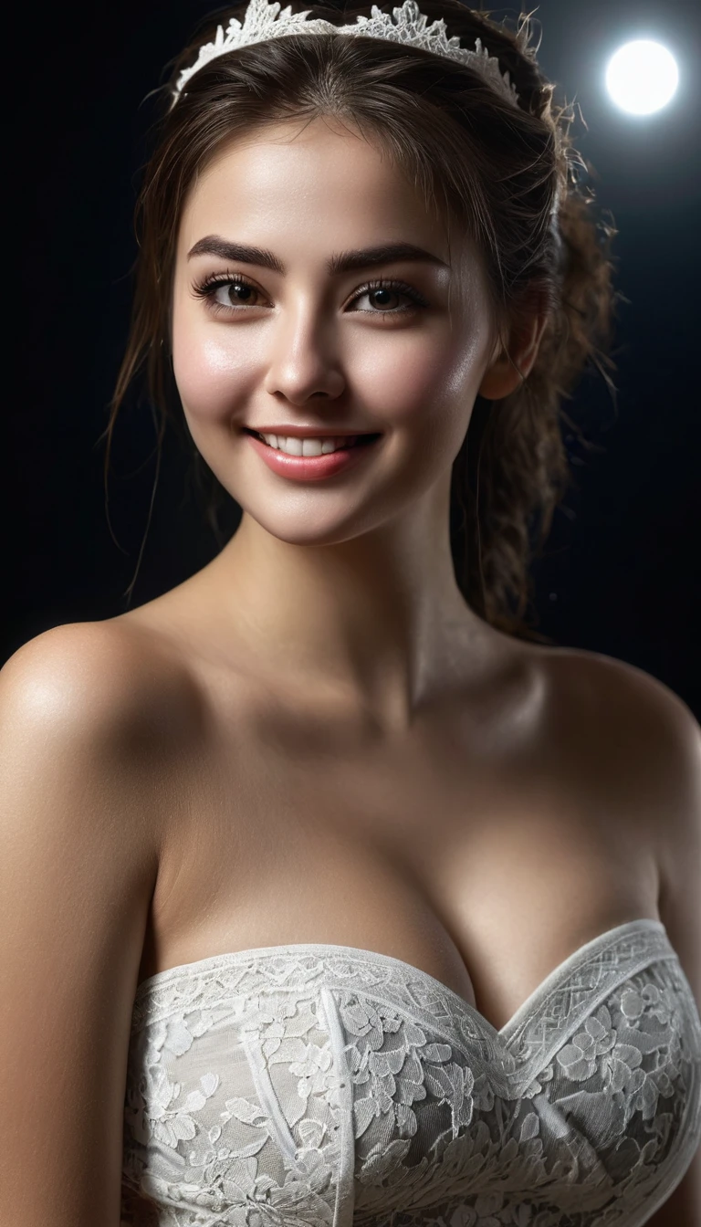 best quality, masterpiece, (photorealistic:1.4), 1girl, light smile, (beautiful detailed face), dramatic lighting, (best illumination, an extremely delicate and beautiful), ((cinematic light)), young female, from below, show breasts, neat breasts, beautiful breasts, nsfw, slender, extremely detailed, elegant,