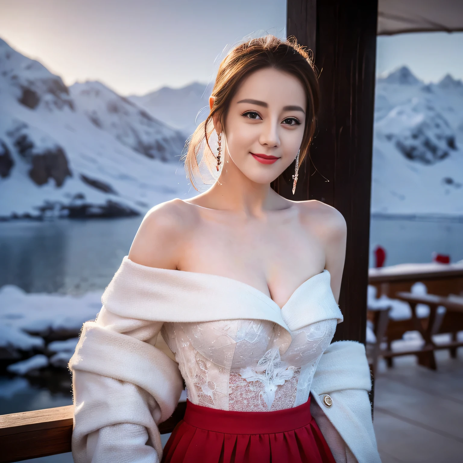 ((top quality、8K、Masterpiece:1.3))、Extremely delicate and beautiful girl,full-body shot,huge breasts,bigger breasts,amazing breast size,H cup,bare shoulders,Expose large,Expose more breasts。Wear big earrings,The skin is very white,moist red lips,Waist is very thin,Thighs are very thin,big ass,fair and smooth skin,Smooth and fair skin,flawless skin,Fair and shiny skin,cold white skin,The camera focuses on the chest,bright light,White cloth,breast exposed,white hair,white hair,blizzard,snow mountain,Sunset,lake,sweet smile,mouth slightly open