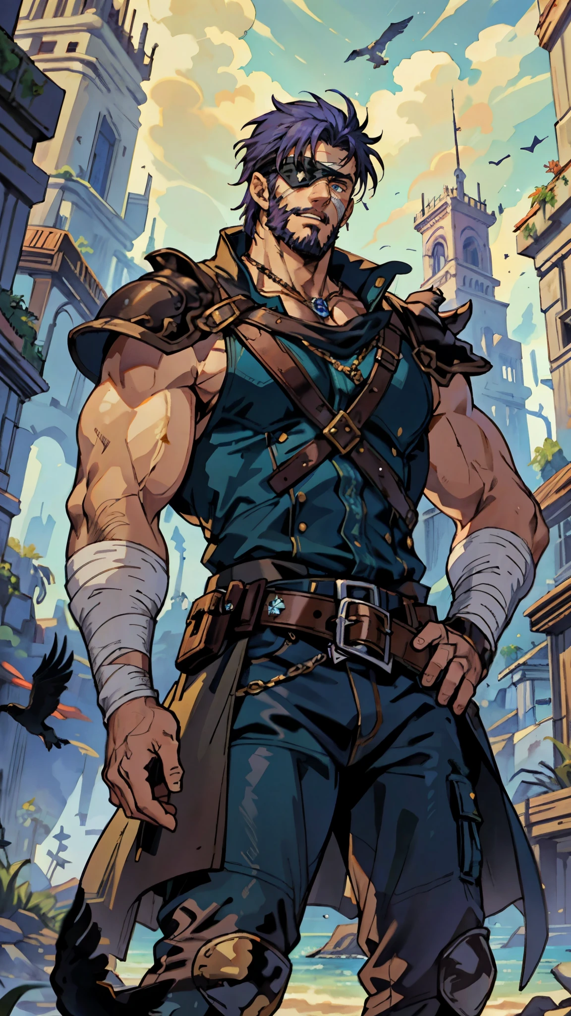 A man with medium-length fluffy lavender-blue hair parted in the middle, his upper face obscured by bandage eye patch, gazes intensely with deep-set eyes, a square face, a wild expression, a sturdy physique, clad in a fantasy-style wild sleeveless coat with leather light armor, a gemstone belt cinches his waist, he wears wrist guards, cargo pants, one hand on his hip gripping the belt, the backdrop of a desolate island where countless black birds soar, this character embodies a finely crafted fantasy pirate-style overlord in anime style, exquisite and mature manga art style, high definition, best quality, highres, ultra-detailed, ultra-fine painting, extremely delicate, professional, perfect body proportions, golden ratio, anatomically correct, symmetrical face, extremely detailed eyes and face, high quality eyes, creativity, RAW photo, UHD, 32k, Natural light, cinematic lighting, masterpiece-anatomy-perfect, masterpiece:1.5