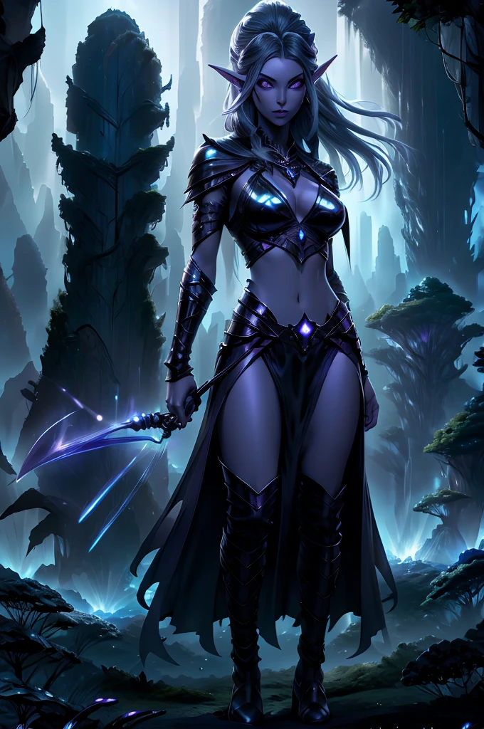 ((masterpiece, best quality)), (extremely detailed CG unity 8k wallpaper), realistic style, solo, ((female)), dark elf, sorceress, long pointy ears, charcoal grey/eggplant purple colored skin, very long hair, silvery-white hair, ponytail, red irises, eye whites, well defined eyes, upturn eyes, upturn brows, large breasts, cleavage, midriff, athletic build, Attire: Gothic/Tribal style, iridescent chrome tiara/headdress, iridescent chrome gorget, iridescent chrome pauldrons, Metallic Purple colored sheer silk bikini top, Metallic Purple colored sheer silk double side split dress bottom, Metallic Purple colored cape, mid-thigh high black leather and iridescent chrome boots, Area setting: fantasy style, a vast underground cavern, skyless, bioluminescent mushrooms/moss, dark elf city of exotic architecture, subject is walking confidently, carrying an exotic magical wand/magical staff, looking straight ahead, (full body view), Dynamic Pose, Viewer POV: Front, / front right flank,/ front left flank, Low lighting, ambient, soft glow, underground.